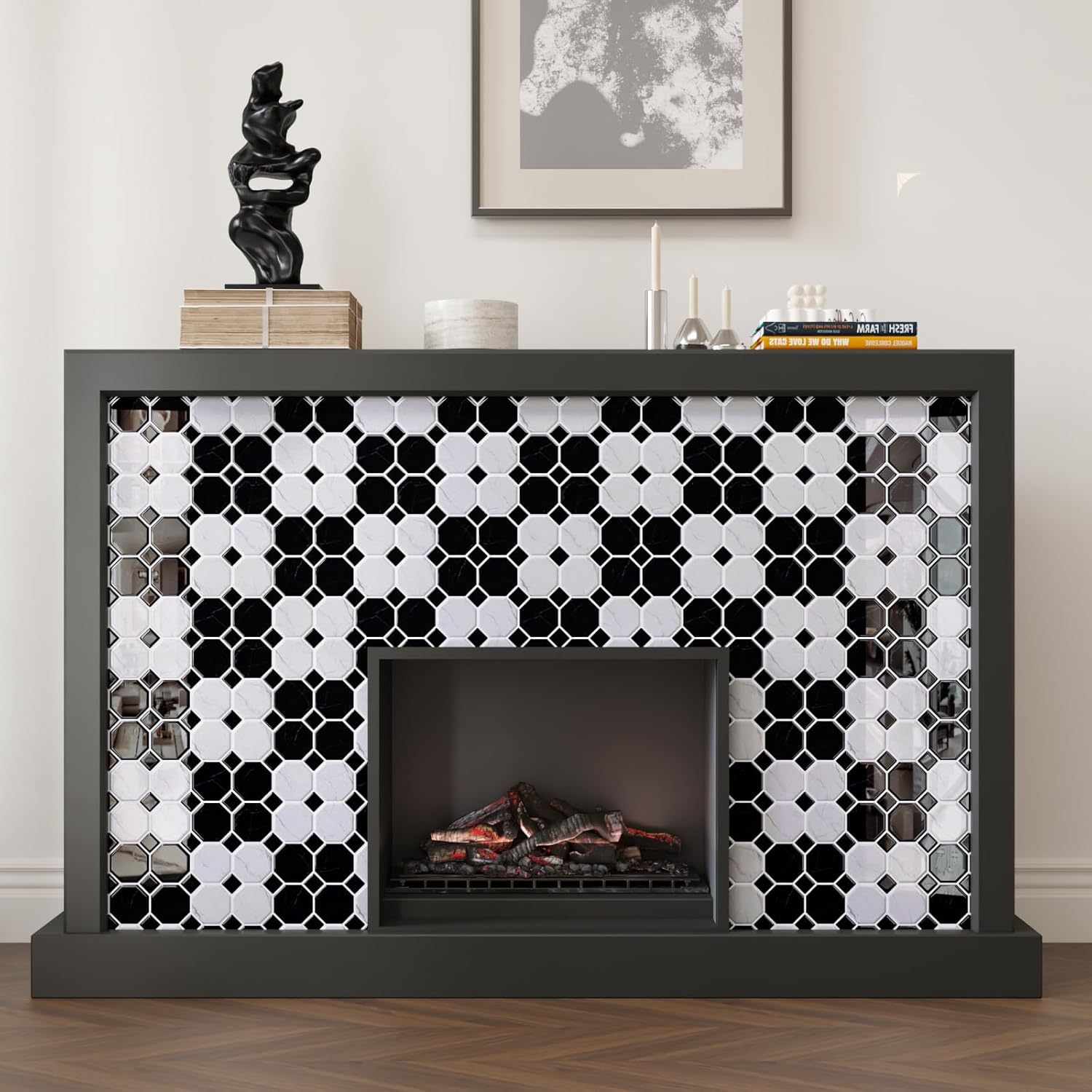 CRE8TIVE 4 Sheets Peel and Stick Backsplash for Kitchen and Bathroom Waterproof Black White Peel and Stick Tile Back Splash Stick on Tile 3D Octagon Square Mosaic Tile Stickers for Living Room 12"x12"