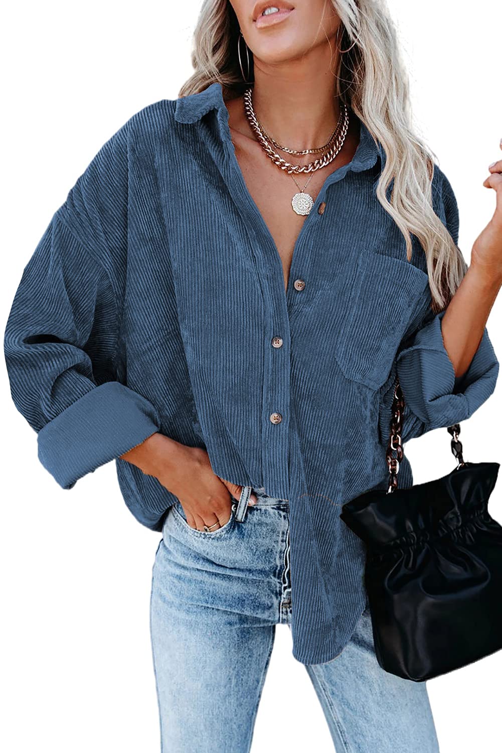 Magritta Womens Shirts Collared Long Sleeve V Neck Button Down Oversized Blouses Tops with Pockets