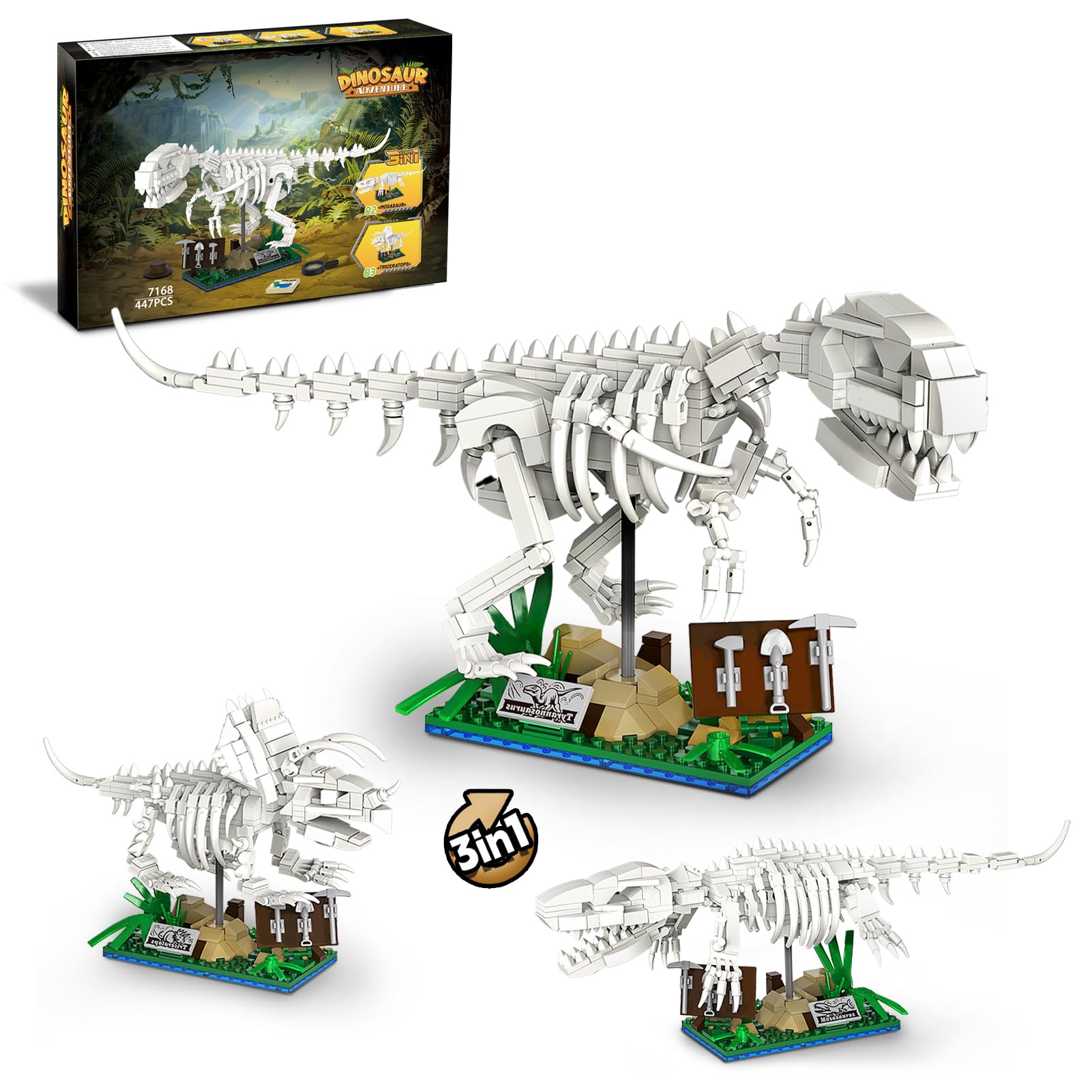 3 IN 1 Dinosaur Fossil Building Block Sets, Compatible with Lego Dinosaur | Transforms from T. rex to Mosasaurus to Triceratops Dinosaur Skeleton Model, Toys for Kids Boys 6+, Gift for Fossil Lovers