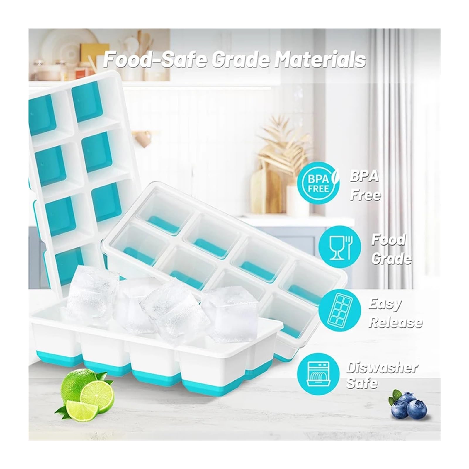 Große Eiswürfelschalen Mit Deckel, 8 Mulden Aus Kunststoff, Quadratische Formen, Große Eiswürfelformen(2 pcs blue)