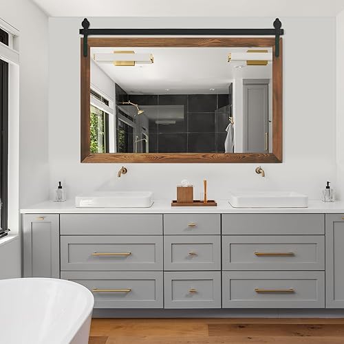 Miniatura 4 de YOSHOOT Espejo de puerta de granero de granja, 40 x 26 pulgadas, espejo de pared con marco de madera rústica, espejo vintage montado en la pared,