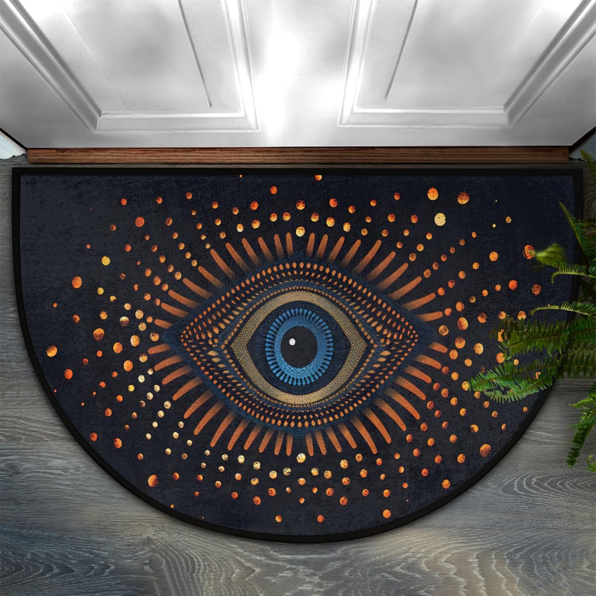 Half Round Doormat Devil's Eye Black Washable Semi Circle Mat Non Slip Absorbent Half Moon Rugs for Indoor Outdoor Entrance Kitchen Bathroom Bedroom Patio Fireplace Floor Carpet Decor