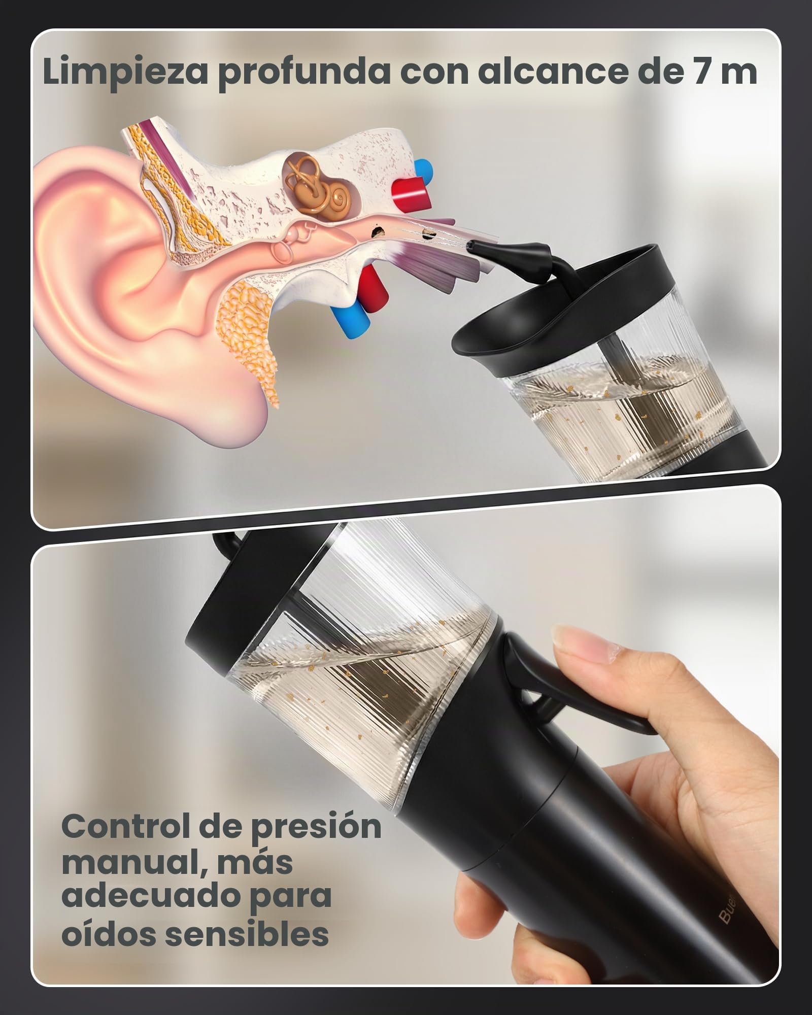 Set de removedor de cerumen - Limpiador manual de oídos, dispositivo de lavado de oídos con tanque de aguas residuales integrado, limpiador de oídos para adultos con boquilla de silicona suave
