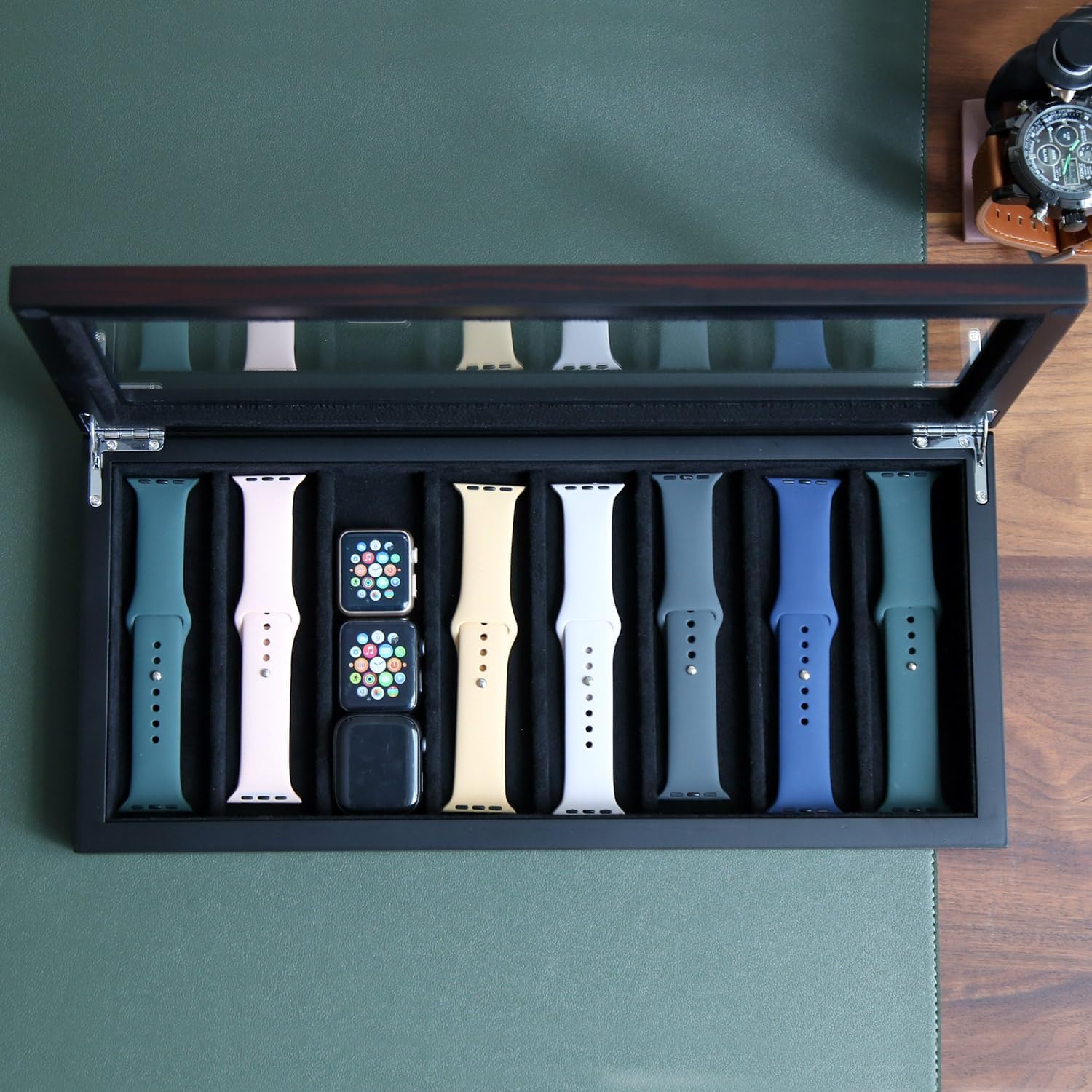 Watch Band Holder 8 Watch Strap Watch Band Organizer Case Storage Compatible with Apple Watch Bands and Accessories ，Apple Watch Band Keeper with Real Glass Window (ebony veneer 8 slot)
