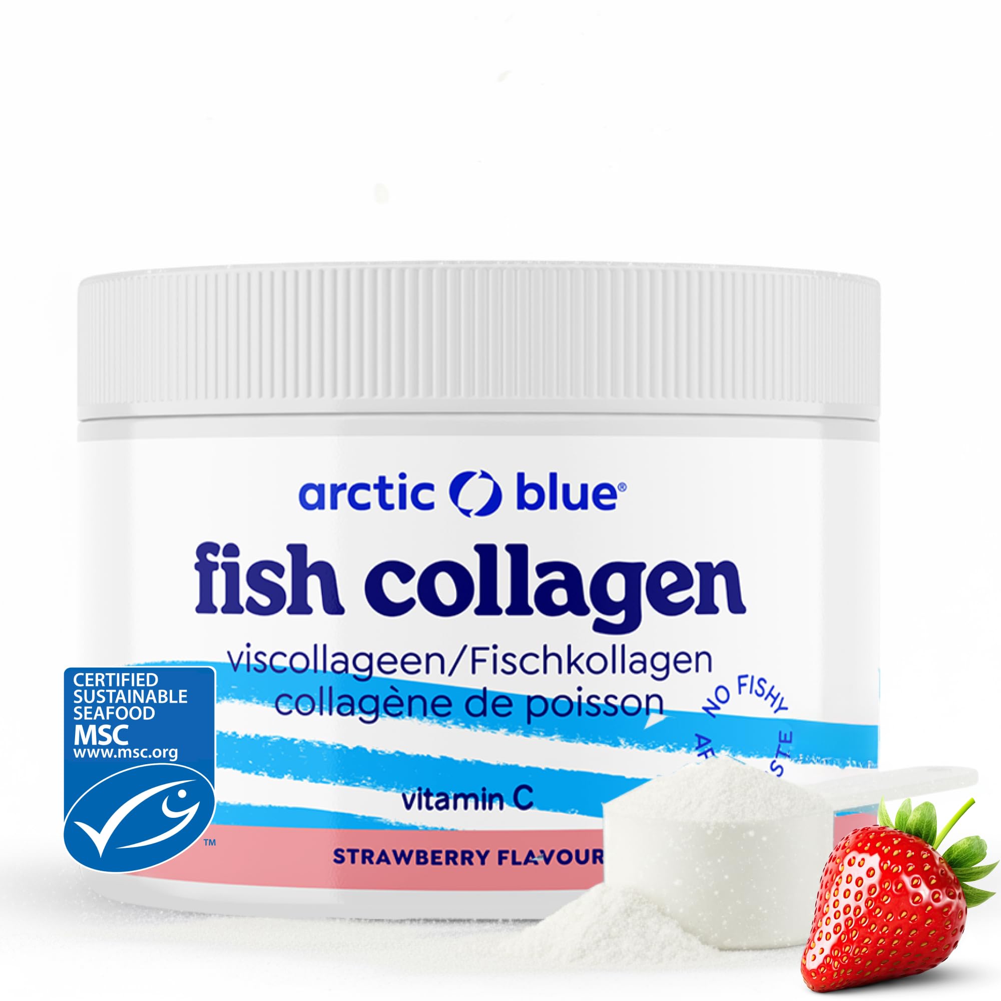 Arctic Blue Collagène Marin Poudre 150 g — Goût Fraise — Hydrolysat de Collagène de Poisson Arctique MSC + Vitamine C Naturelle d'Acérola — Haute Pureté, Facile à Dissoudre