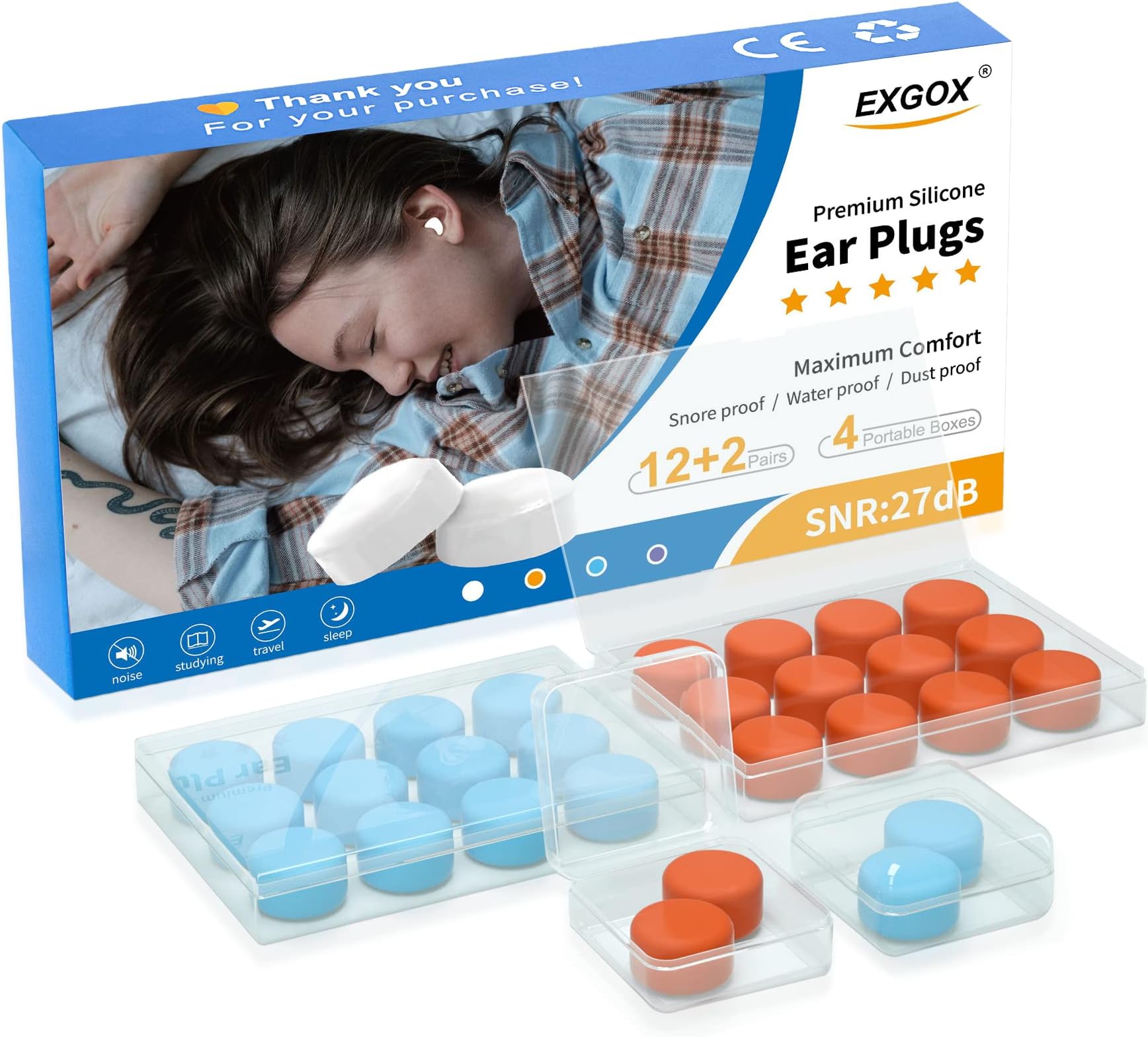 EXGOX 14 Pairs Silicone Ear Plugs for Sleeping Noise Cancelling Reusable Moldable Wax Earplugs for Swimming, Work, Airplane, SNR27dB(Blue, Orange)