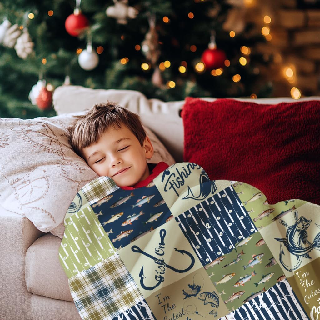 Fly Fishing Throw Blanket,Fishes Hunter Gift for Kid Men Boy Dad,Funny Fishing Gift for Fisherman Fish Lover,Soft Lightweight Plush Fish Collage Throw for Couch Sofa Bed 50''x 60'' for Teen