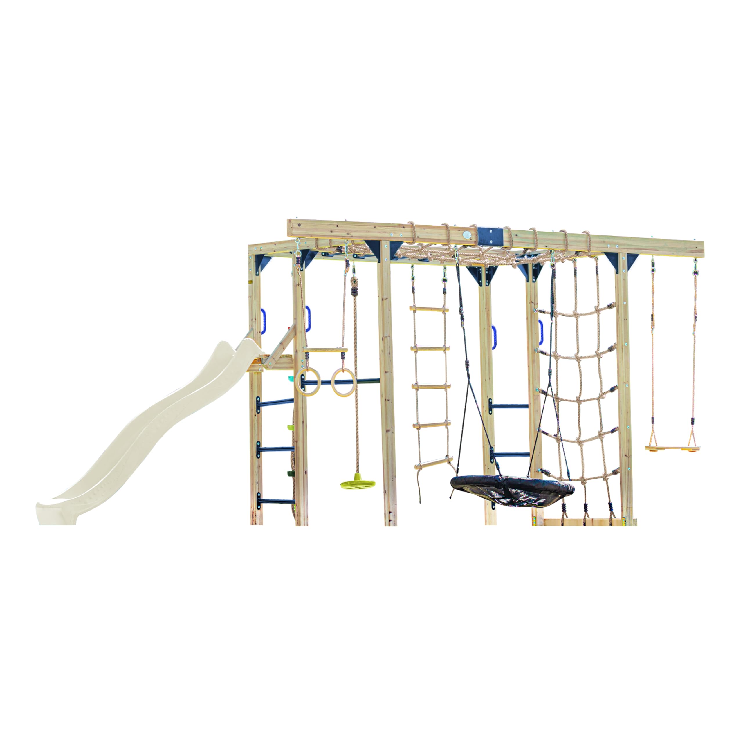 AXI Boris Juego de Escalada para ninos de Madera Marron con Tobogan Crema | Estructura para trepar Equipada para ninos con Diferentes Columpios, Trapecio, Redes para trepar y Barras de Mono.
