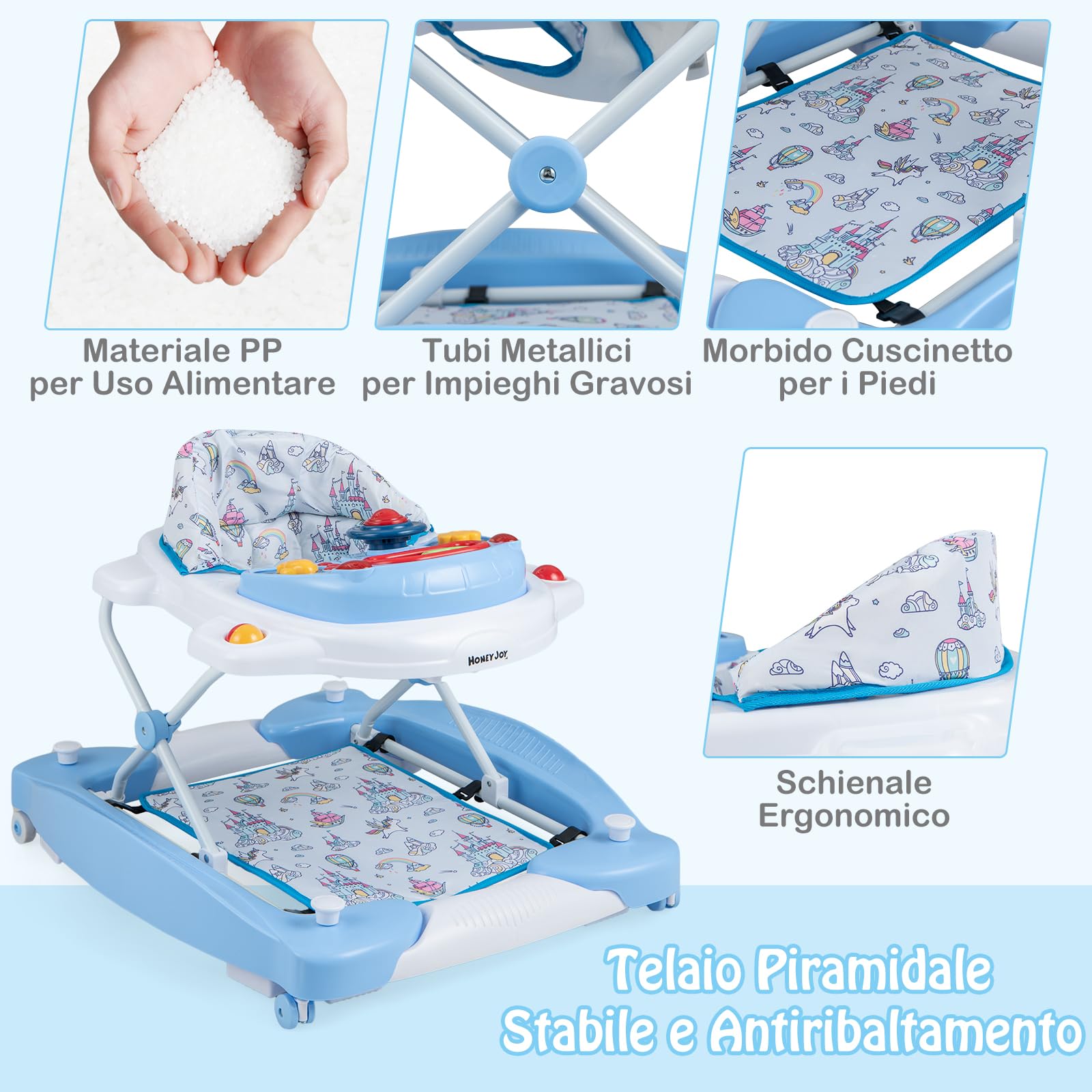 GYMAX Girello Convertibile 6 in 1 per Bambini, Girello Pieghevole con Ruote, Cavallo a Dondolo per Bambini con Pedana, Luci e Musica e Giocattoli, per Bambini di 7-14 Mesi (Blu)