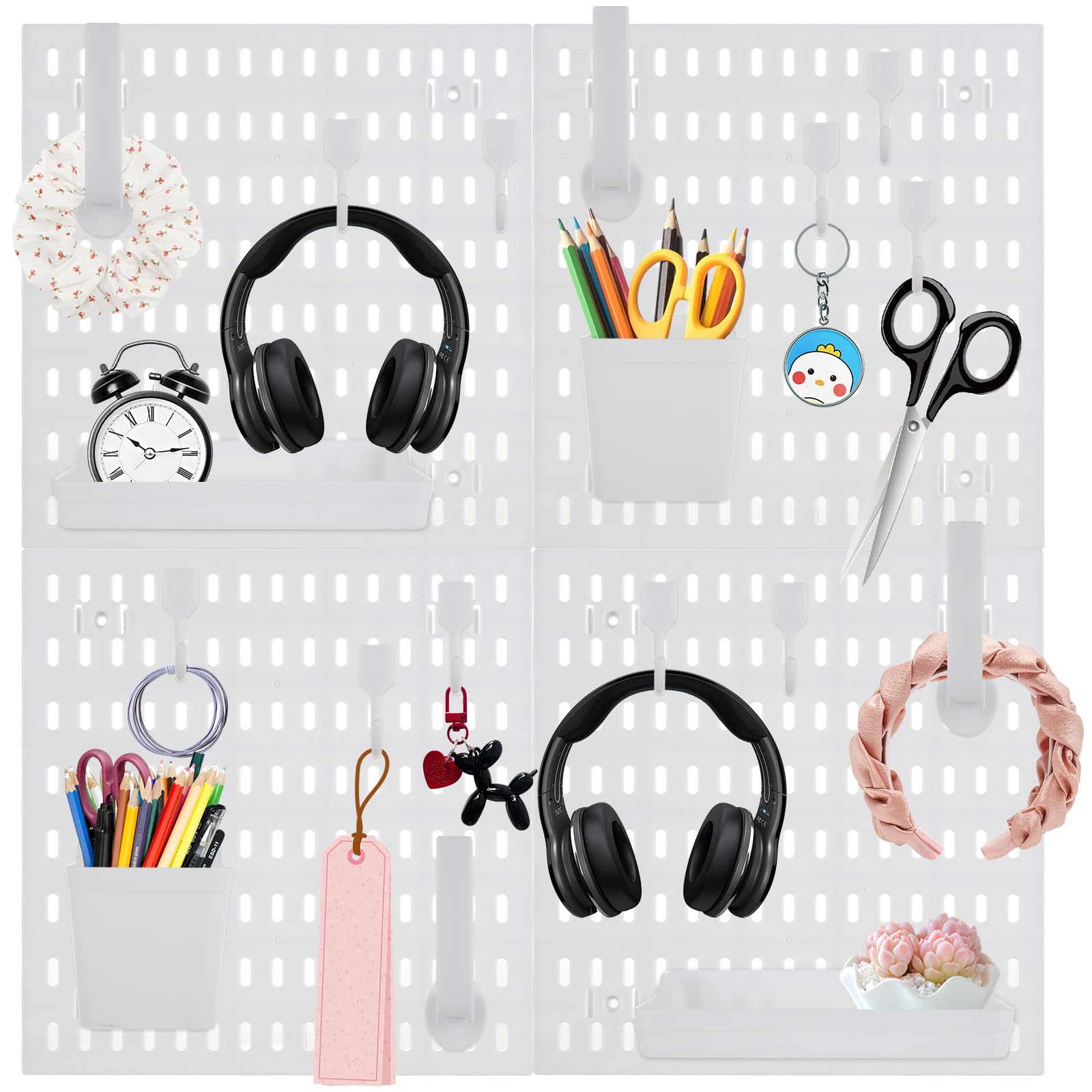 WOPPLXY Pegboard Combination Kit, Wall Organiser 4 Tiles 30 x 30CM Peg Board with 22 Pegboard Accessories, White Modular Hanging Peg Boards for Walls, Desk Display Storage