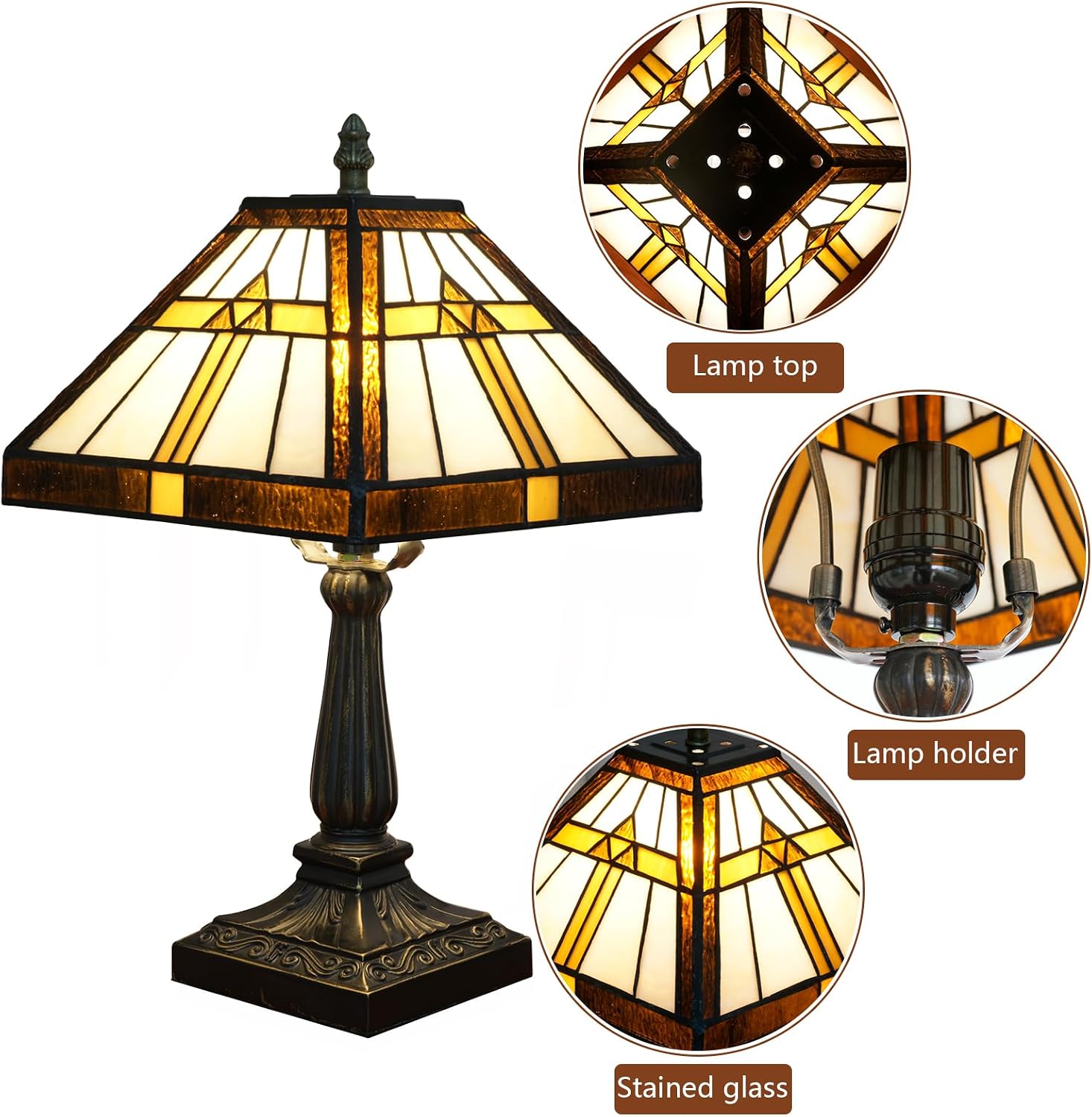Tiffany Table Lamp Mission Stained Glass Table Light Yellow Brown Antique Desk Lamp Vintage Beside Reading Light for Living Room Bedroom Office