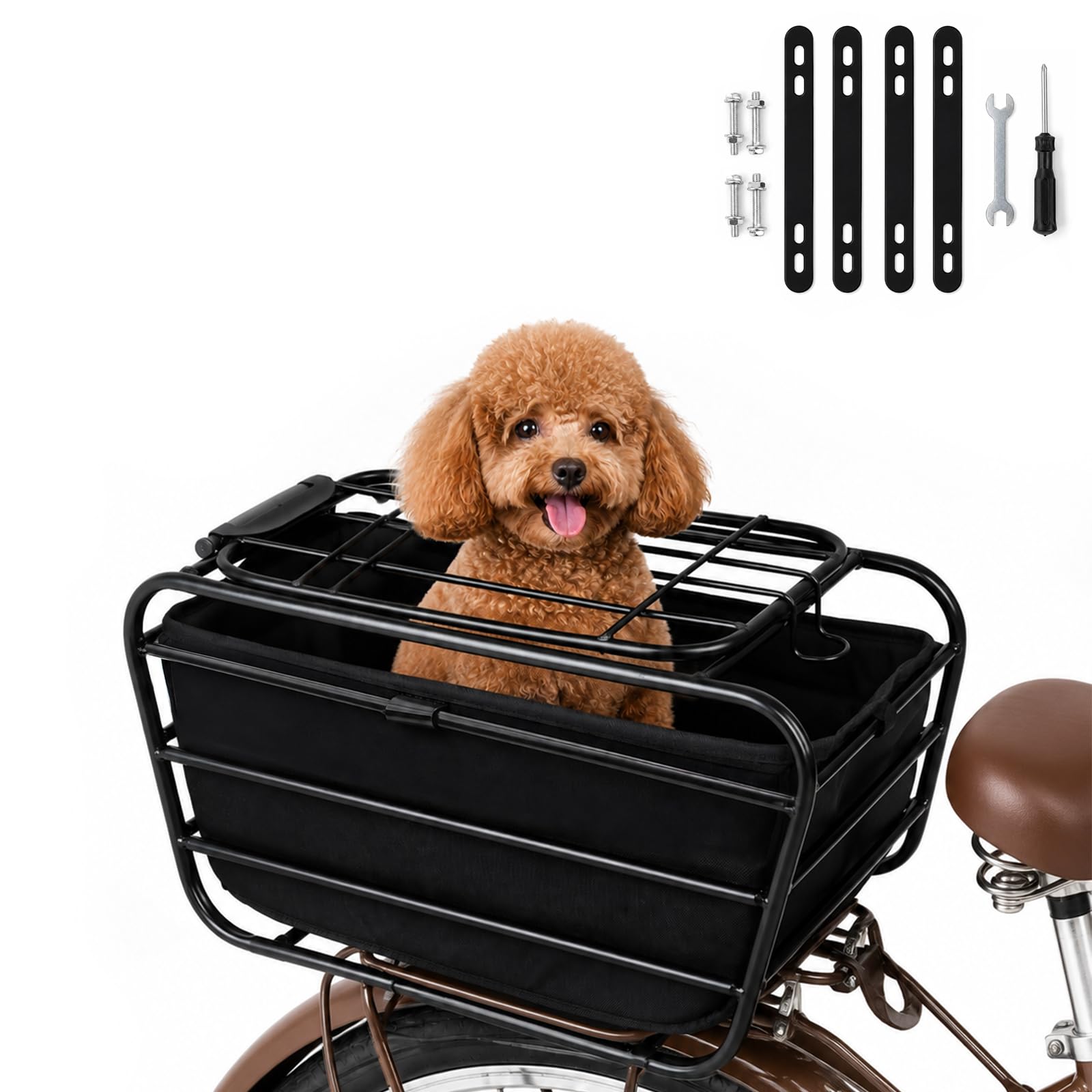 Fahrradkorb Hinten für Gepäckträger, Hundekorb Fahrrad aus robustem Kohlenstoffstahl mit Deckel und Sicherheitsverschluss, für kleine Hunde, Katzen und Gepäck, ideal für Einkäufe, Camping und Reisen