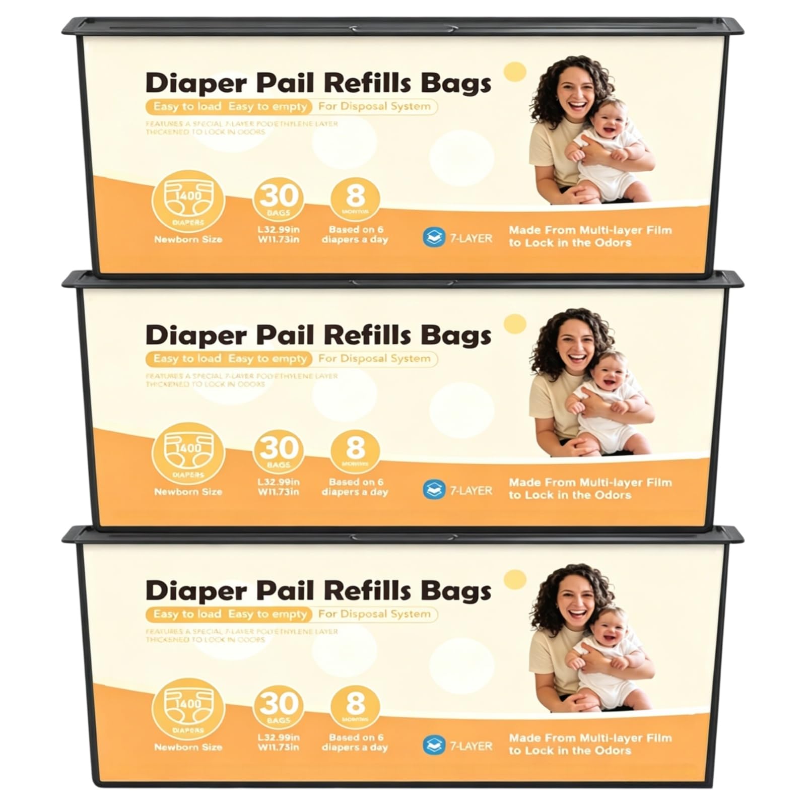 Paquete de 3 repuestos para cubos de pañales (90 bolsas en total) – Compatible con Genie Easy Roll Signature & Platinum, barrera de olor de 7 capas, a prueba de fugas y duradero