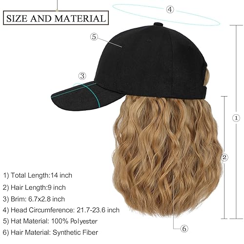 Miniatura 6 de Qlenkay Gorra de béisbol con extensiones de cabello de 14 pulgadas, ondulado, rizado, estilo Bob, peluca ajustable, sombrero de peluca sintética