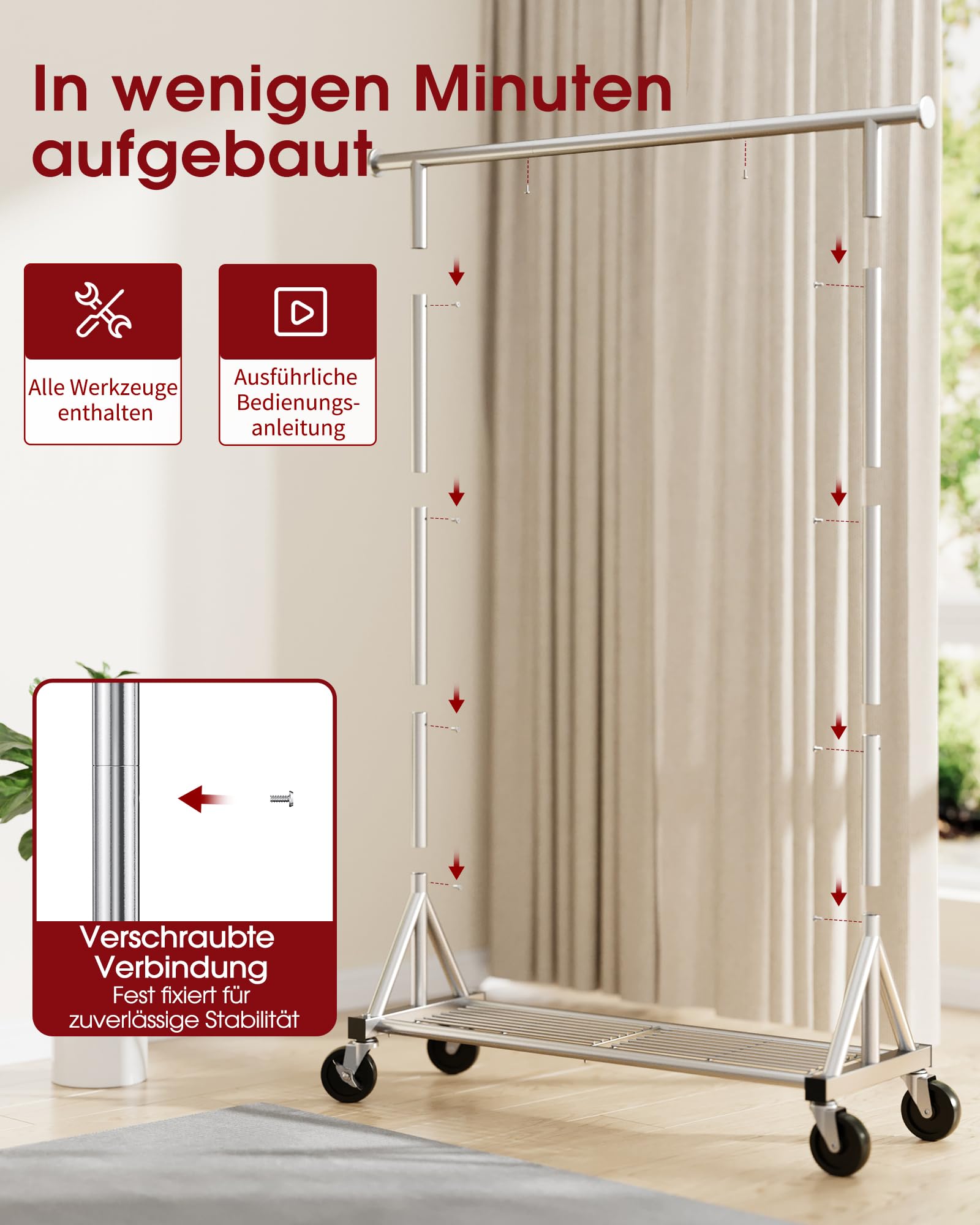 Sakugi Kleiderständer auf Rollen – Robuste Kleiderstange aus Edelstahl mit Mesh-Regal, multifunktionaler Garderobenständer für Schlafzimmer, Wäscheraum, Laden, 110 x 42 x 163.3 cm, Silbern