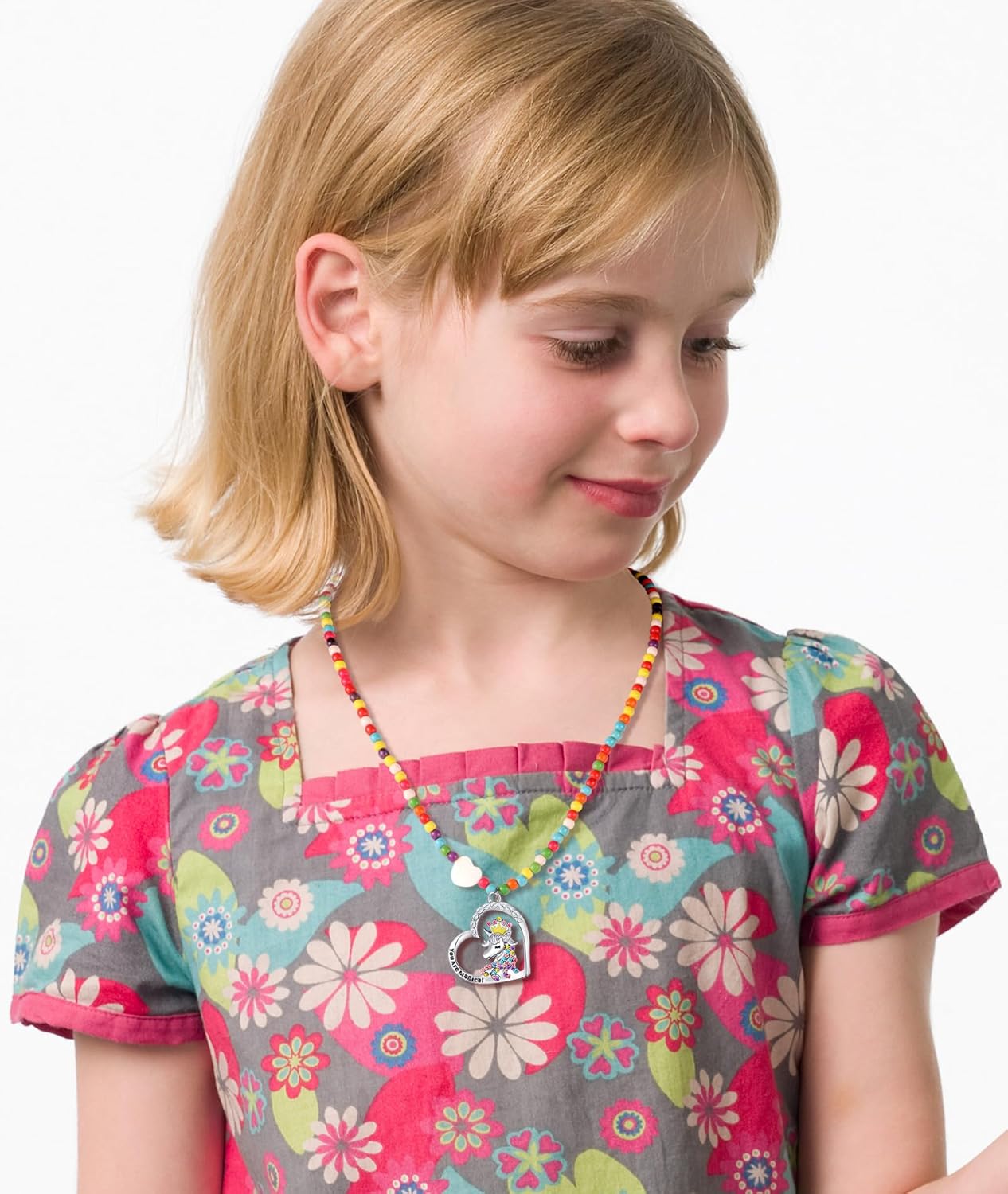 SYNLIN 3-Pack Colorful Beaded Necklace for Teen Girls –Adjustable 18"+2", CZ Hearts & Unicorn + Ballerina Pendant, Gift Box Included – Birthday, Christmas, Party Favors