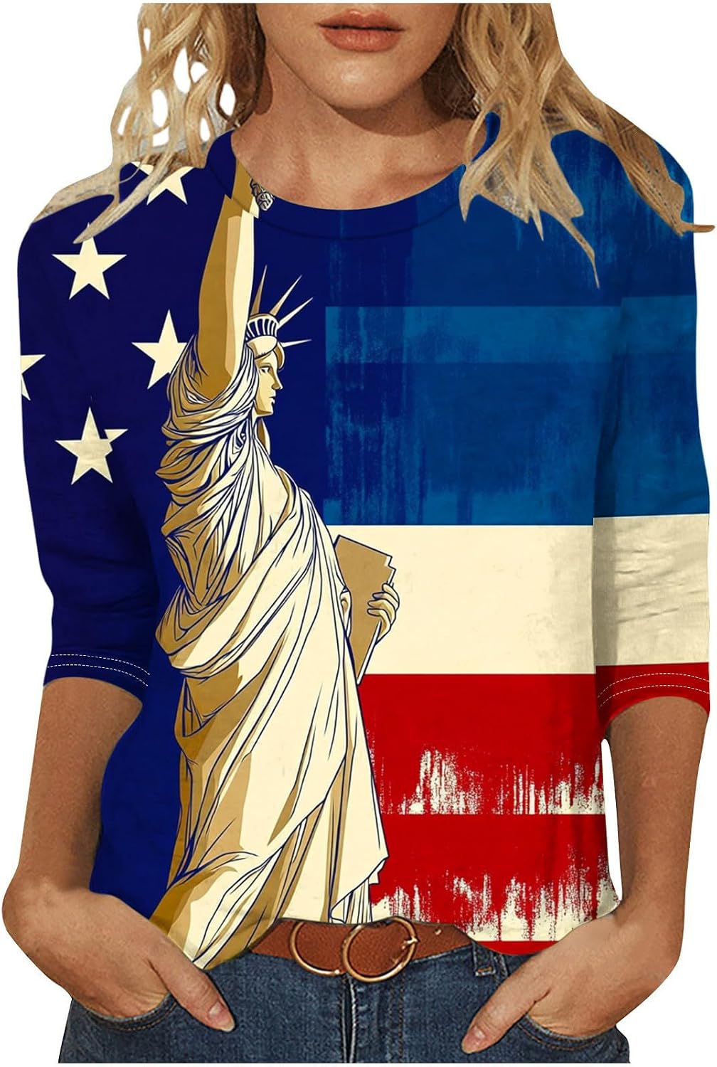 3/4 Length Sleeve Womens Tops Funny American Flag 4th of July Shirts Stars Stripes Patriotic Tshirts USA Flag Blouses