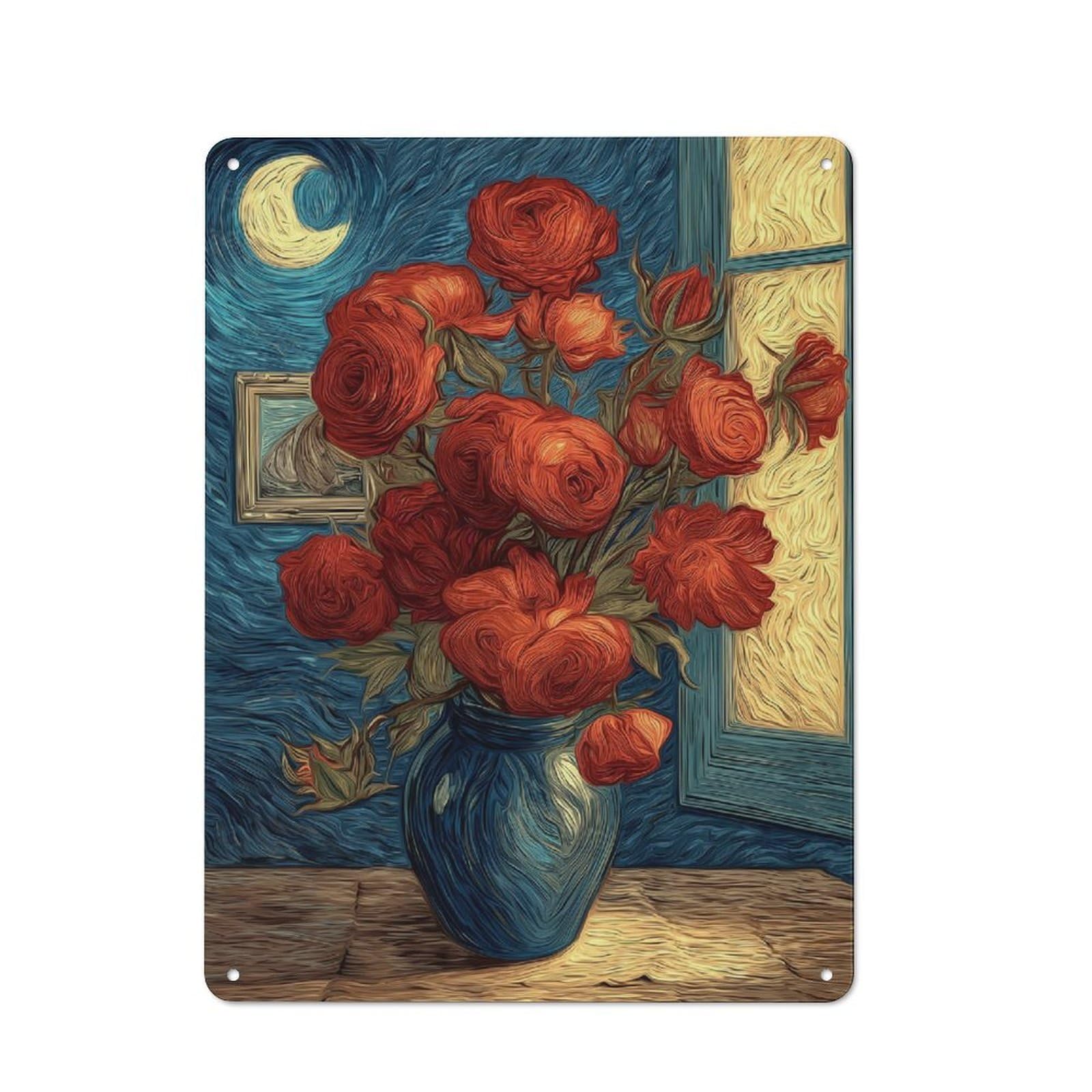 Junmoney Starry Night Roses Still Life Metal Sign 40X30cm With For Workshop Wall, Rustic Decor, Wall Decoration For Workshops And Hobby Rooms