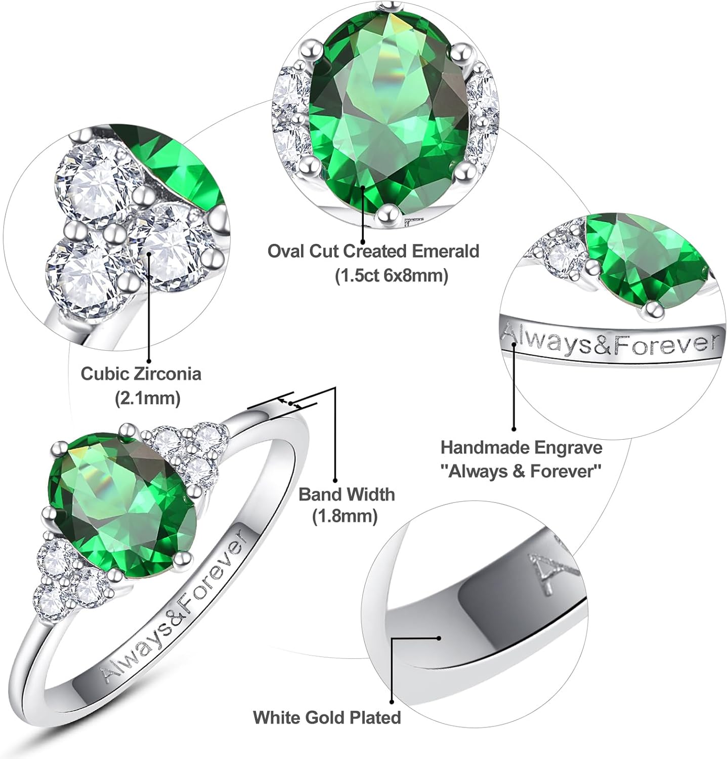 1.5ct Oval-Cut Engagement Ring for Women Engraved Always & Forever Created Emerald/Sapphire/Amethyst/Cubic Zirconia Engagement Ring Promise Wedding Ring White Gold Plated Size 5-9 - Image 3