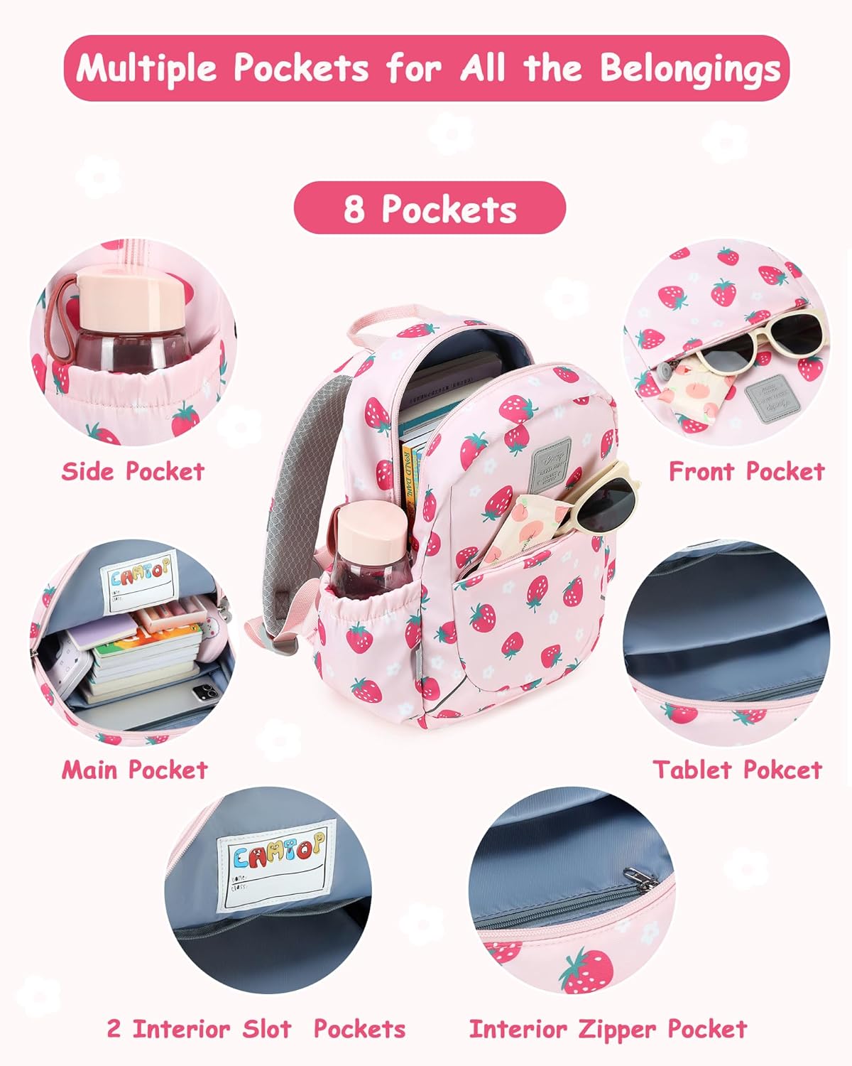 CAMTOP Toddler Backpack for Girls 2-4, 12" H Kids Backpacks for Kindergarten Preschool, Small Bookbag for Daycare Travel (Pink Strawberry, 12''- Not fit A4 folder)