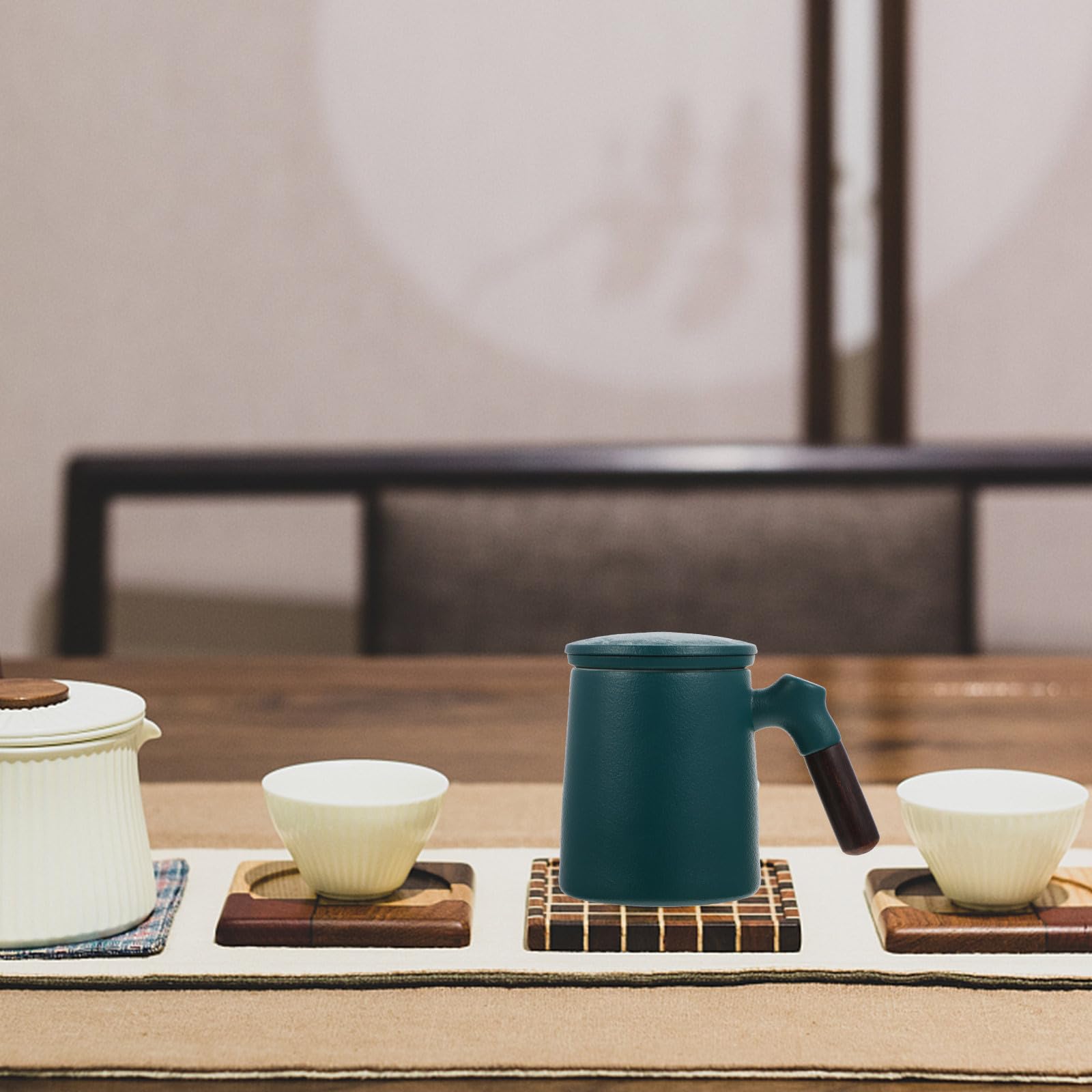 Zerodeko Taza de Té de Cerámica con Infusor y Tapa y Base Antideslizante Capacidad 320ml Mango de Madera Antiescaldaduras para Oficina y Hogar