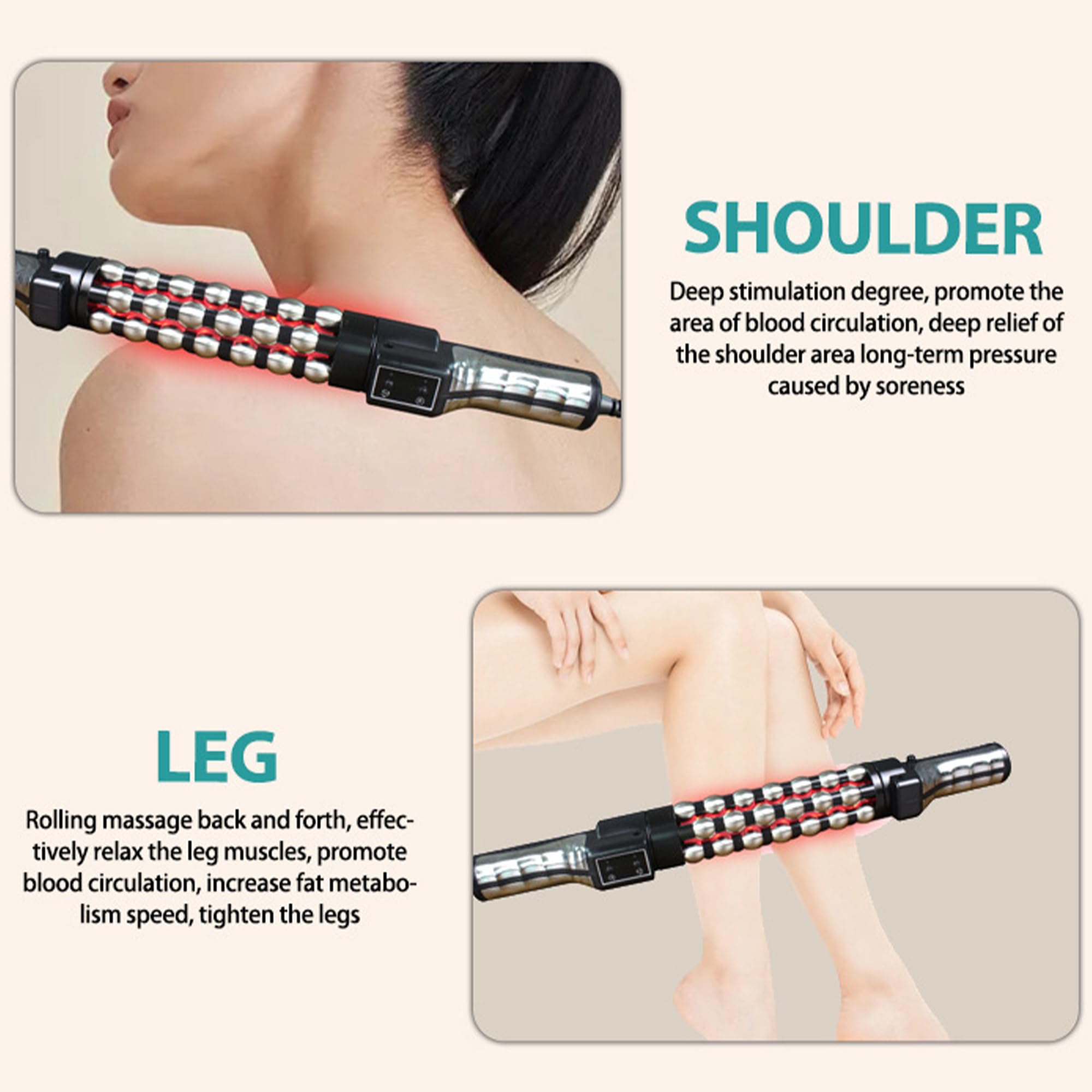 Masajerador De Rodillos De Metal Eléctrico con Luz Roja - Temperatura De 3 Velocidades Y Ajustes De Rotación - Masajeador De Tejido Muscular De Mano para Alivio del Dolor De Hombro