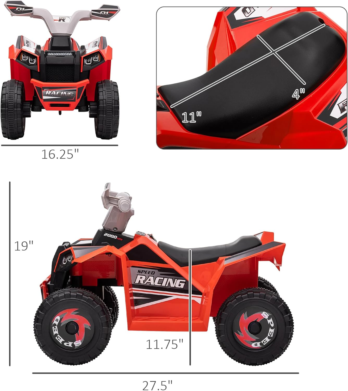 Aosom Kids ATV Quad Car, 6V Four-Wheeler Ride on Toy for Kids with Forward Backward Function, Wear-Resistant Wheels for Toddlers Ages 18-36 Months, Red