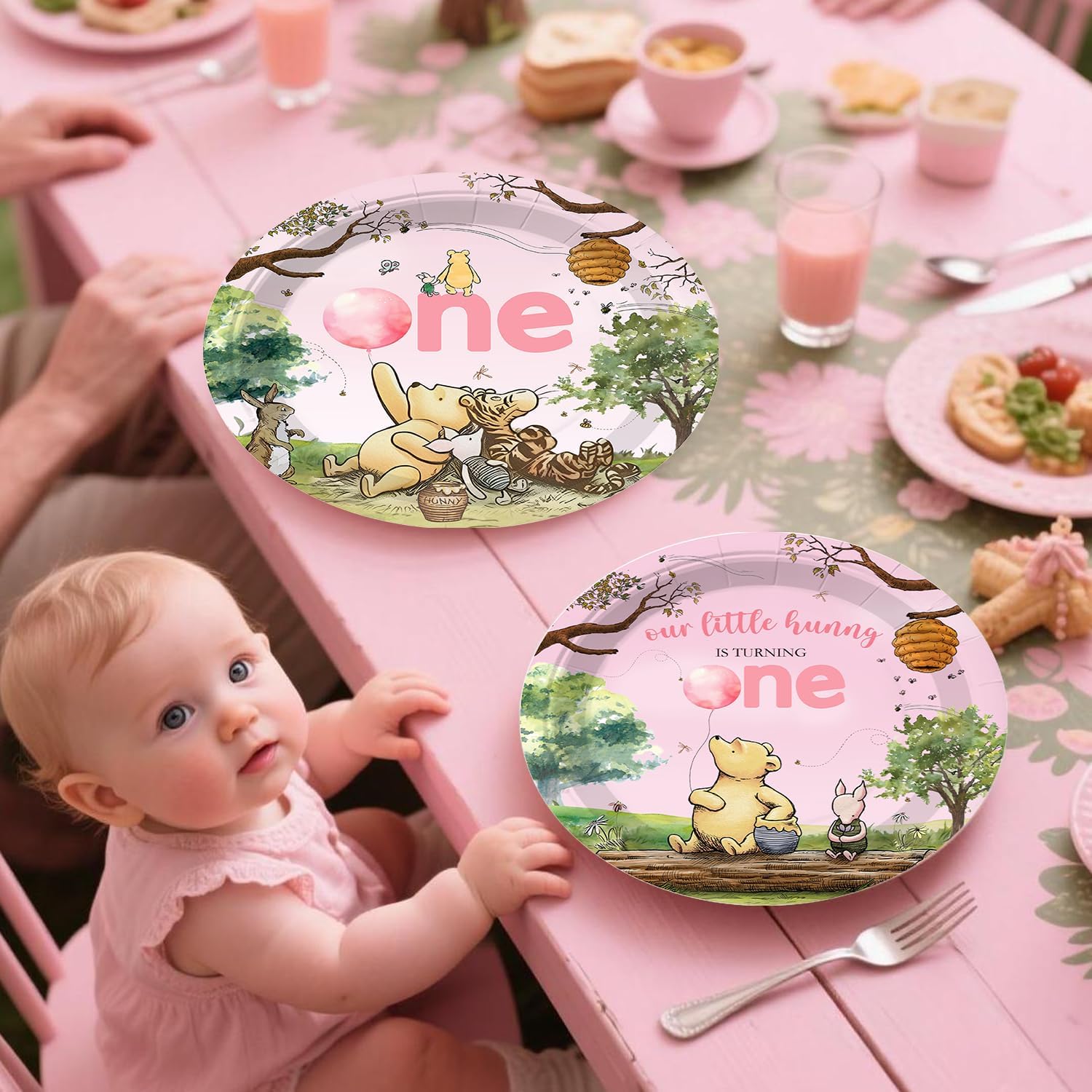 213Pcs Bear First Birthday Decorations for Girl Serves 25 Guests, 1st Birthday Decorations Girl Include Banner, Plates, Napkin, Cup, Forks, Straw and Tablecloth, 1st Party Decorations - Image 5