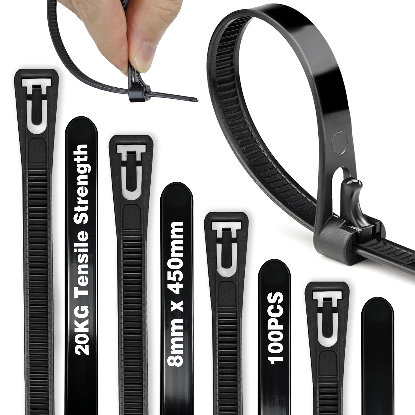 Reusable Cable Ties Black 450mm x 8mm, 100 Pack Nylon Heavy Duty Zip Ties, Releasable Long Cable Ties UV Resistant for Workshop, Cable Management, Gardening, Home Use