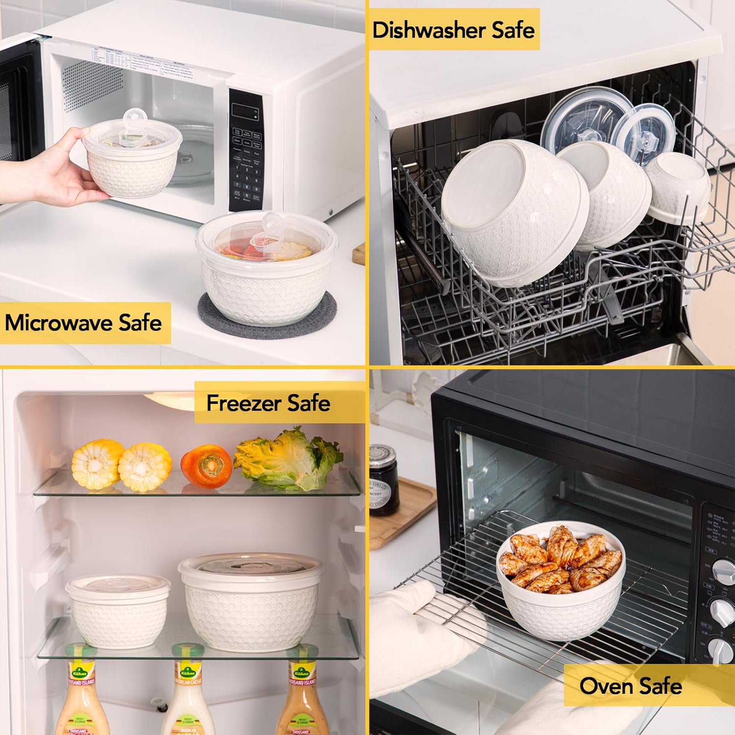 Ceramic Mixing Bowls 3-Piece: Nesting Ceramic Bowls with Lids - Microwave Safe for Kitchen Baking and Serving - Ideal for Home Bakers (White)