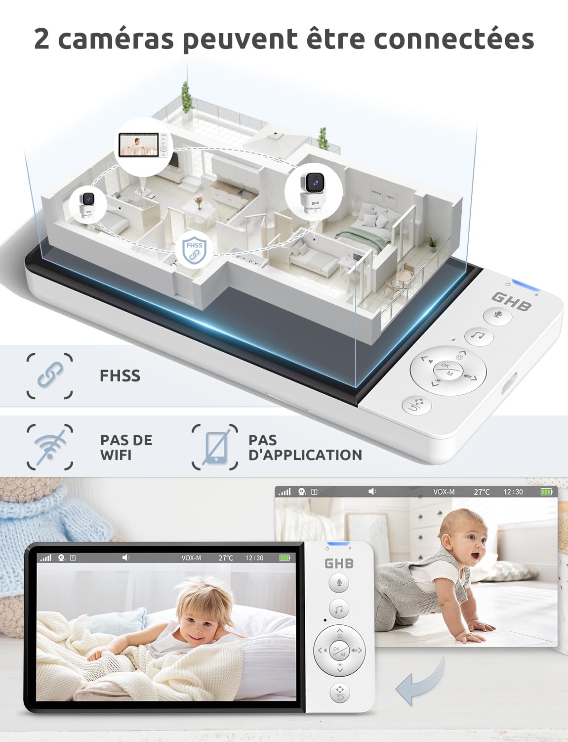 GHB Babyphone Caméra 5" Caméra Bébe Surveillance Rotation 350° 5000 mAh 720P HD Mode VOX Vision Nocturne Capteur de Température 8 Berceuses