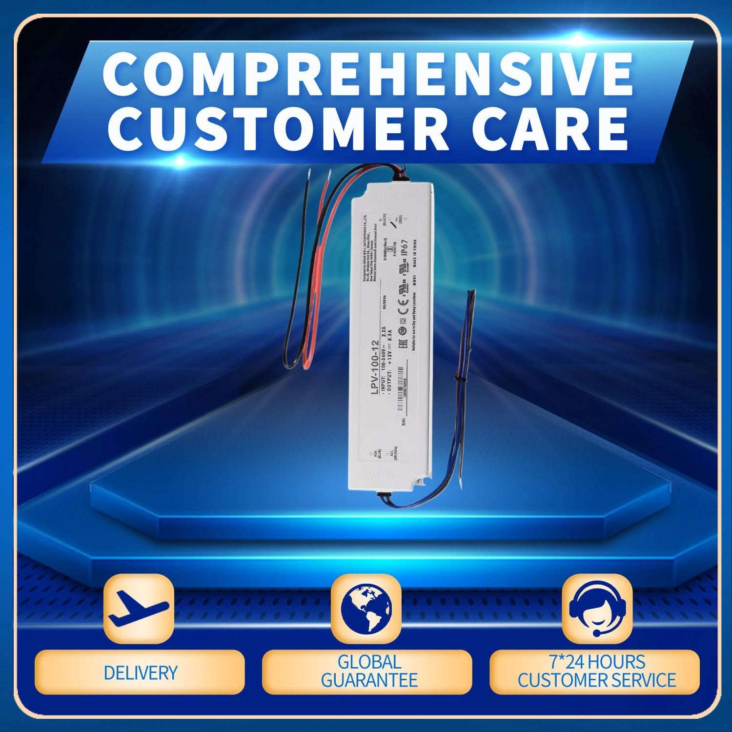 LPV-100-12 102W 12V 8.5A IP67 Waterproof Power Supply, AC/DC Adapter for LED Lighting, Signage, and Outdoor Illumination