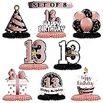 LINGTEER Happy 13th Birthday Rose Gold Table Honeycomb Centerpieces Cheers to 13th Birthday Thirteen Years Old Party Table Decorations Gift Sign.