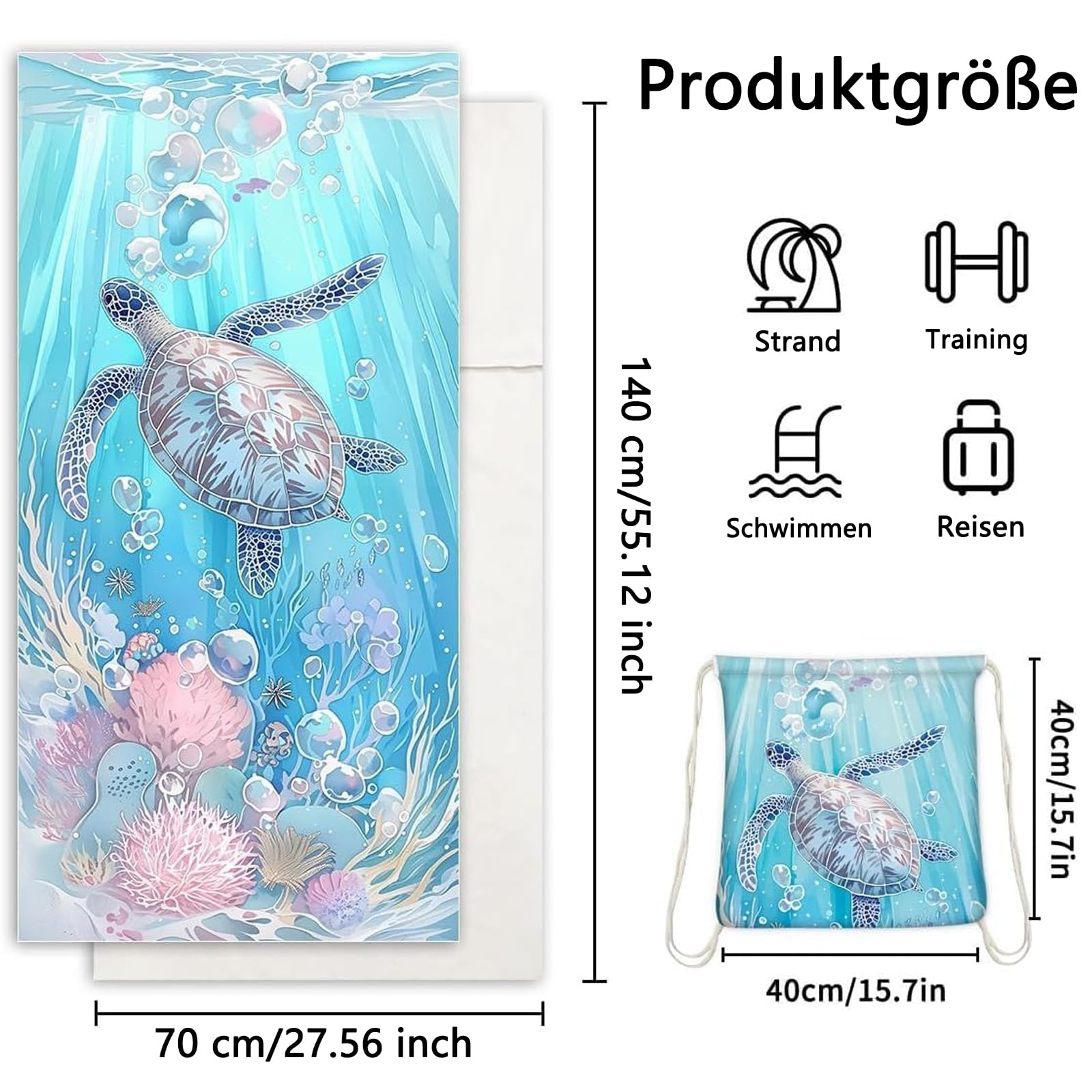 Damski ręcznik plażowy, z mikrofibry, 140 x 70 cm, plecak 2 w 1, ręcznik plażowy, chłonny, szybkoschnący, bez piasku, koc plażowy na plażę, podróż, do pływania, niebieski żółw
