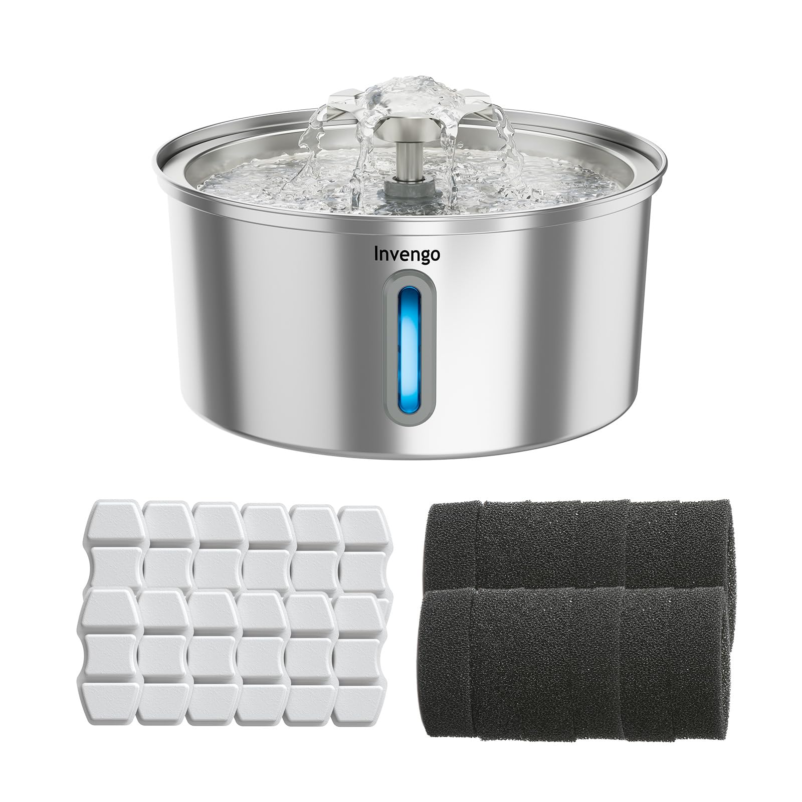 Invengo Fuente para Gatos Acero Inoxidable, 3.2L Fuente para Gatos Acero Inoxidable con Boquilla de Flor & 12 Filtros de Repuesto para Fuente de Agua