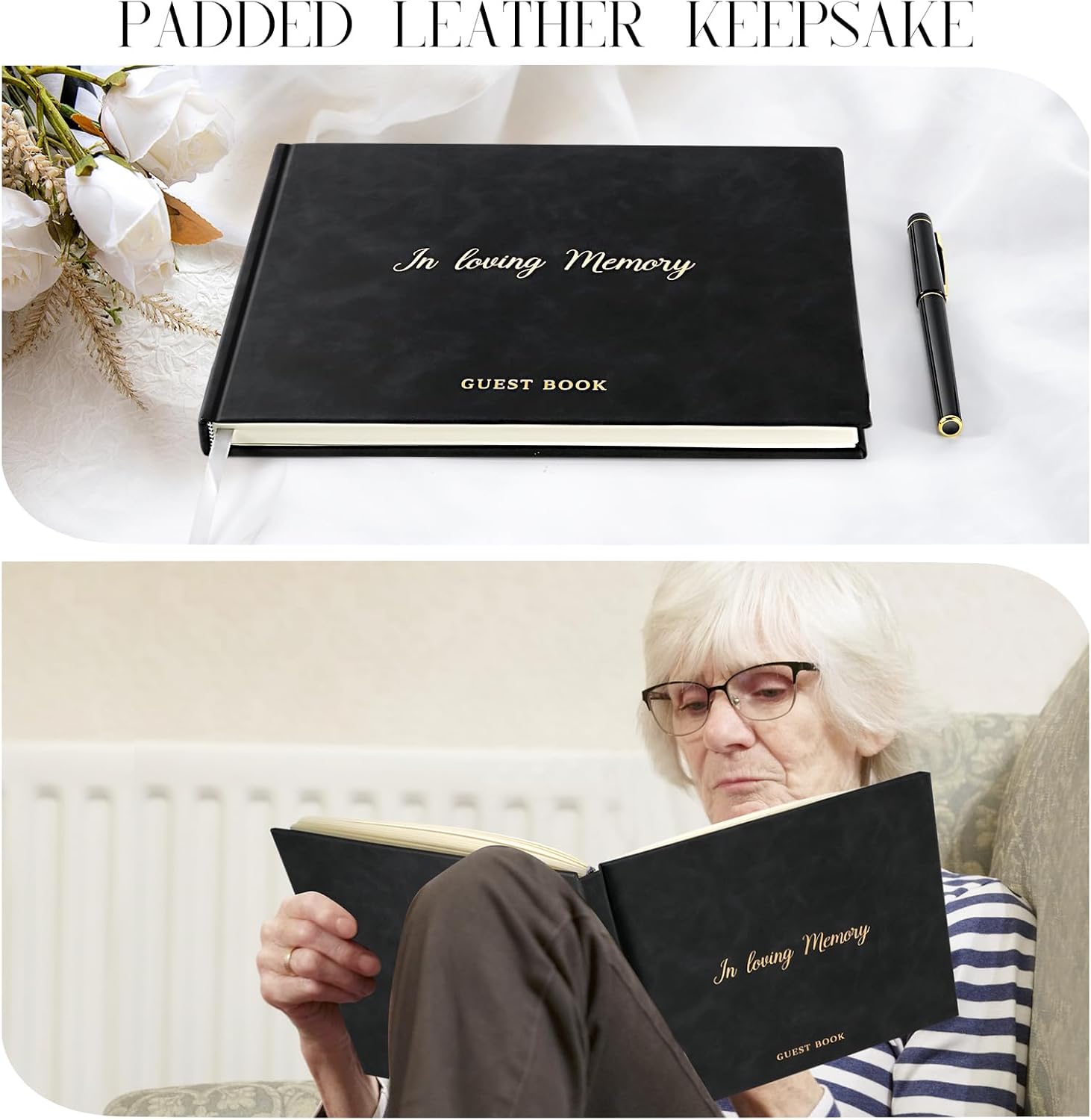 Funeral Guest Book for Memorial Service in Loving Memory Funeral Guest Book with MemoryTable Sign & Back Pocket - Guest Sign in Book for Funeral Service (Black)
