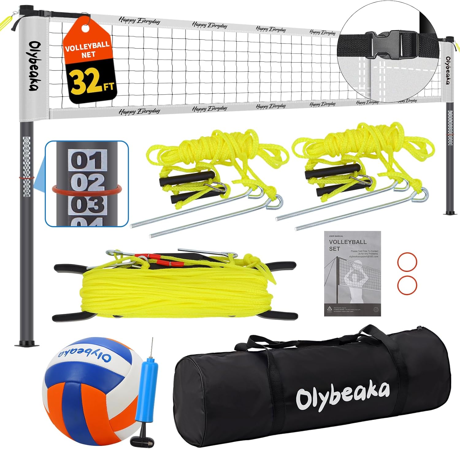 Portable Outdoor Volleyball Net Set with Heavy Duty Poles, Durable Net, PU Volleyball, Pump, and Carry Bag