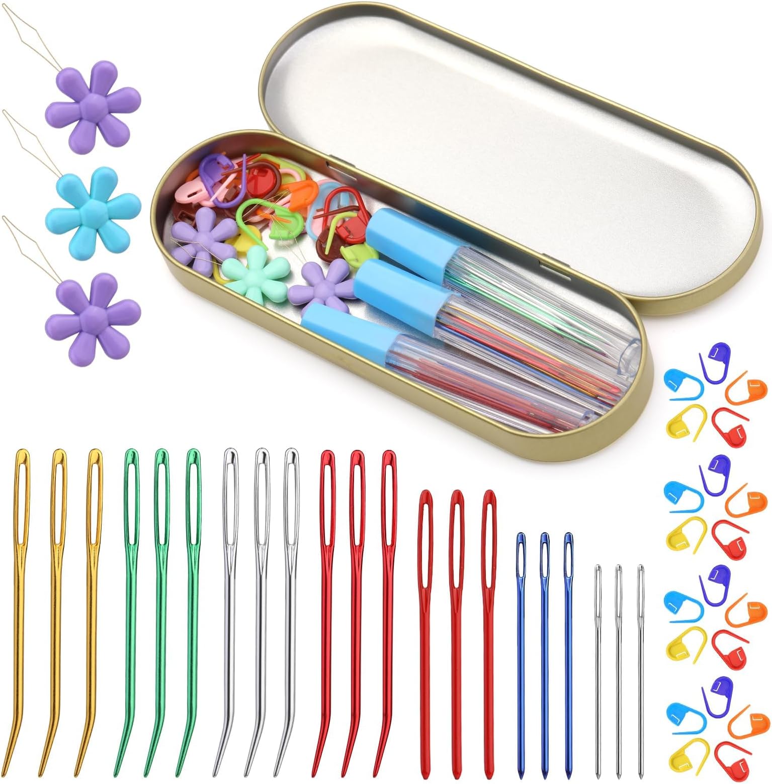 Tazweeq 48PCS Yarn Needle Tapestry Needles, Needle Threader, Darning Needle Weaving Needles, Large Big Eye Weaving Needle Bent Needles, with 20 Stitch Markers Storage Box, for Knitting Crochet