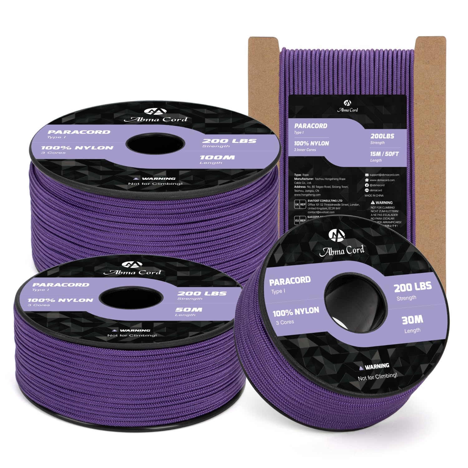 Abma Cord 2mm Paracord 30m Nylon Rope 3 Strands Type I Cord for DIY, Camping, Outdoor - Max. 90kg (200lbs) - Purple
