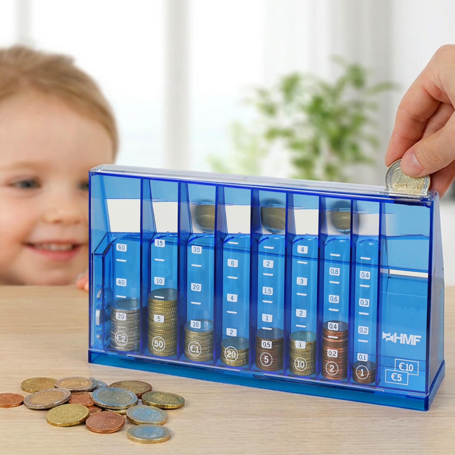 HMF Contador de Monedas con clasificación automática para Guardar Monedas, clasificador de Monedas Transparente con Escala de Valor como Hucha para niños | 24 x 12 x 5 cm | Azul