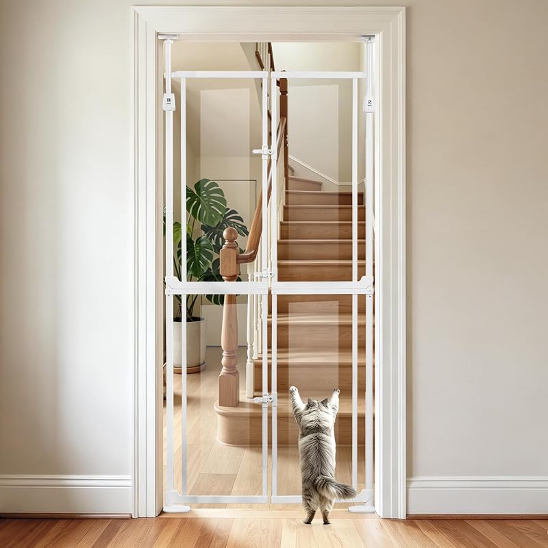 74.8-98.4" Extra Tall Cat Gate for Doorways,33.86-35.8" Wide Full Door Pet Gate Indoor,Auto Close No Drilling Clear Acrylic Dog Proof Safety Barrier for Stairs,Hallway House -White