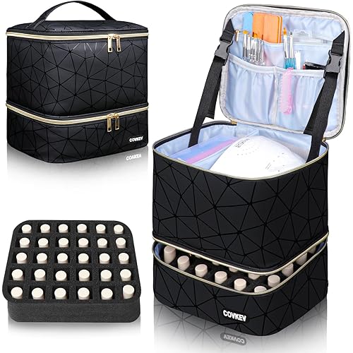 PU Leather Nail Polish Organizer Bag Holds Nail Lamp& 30 Bottles (15ml-0.5 fl.oz), Portable Travel Nail Kit Storage Carrying Case, Double Layer Nail Supplies Organizer Handbag (Elegant Black)