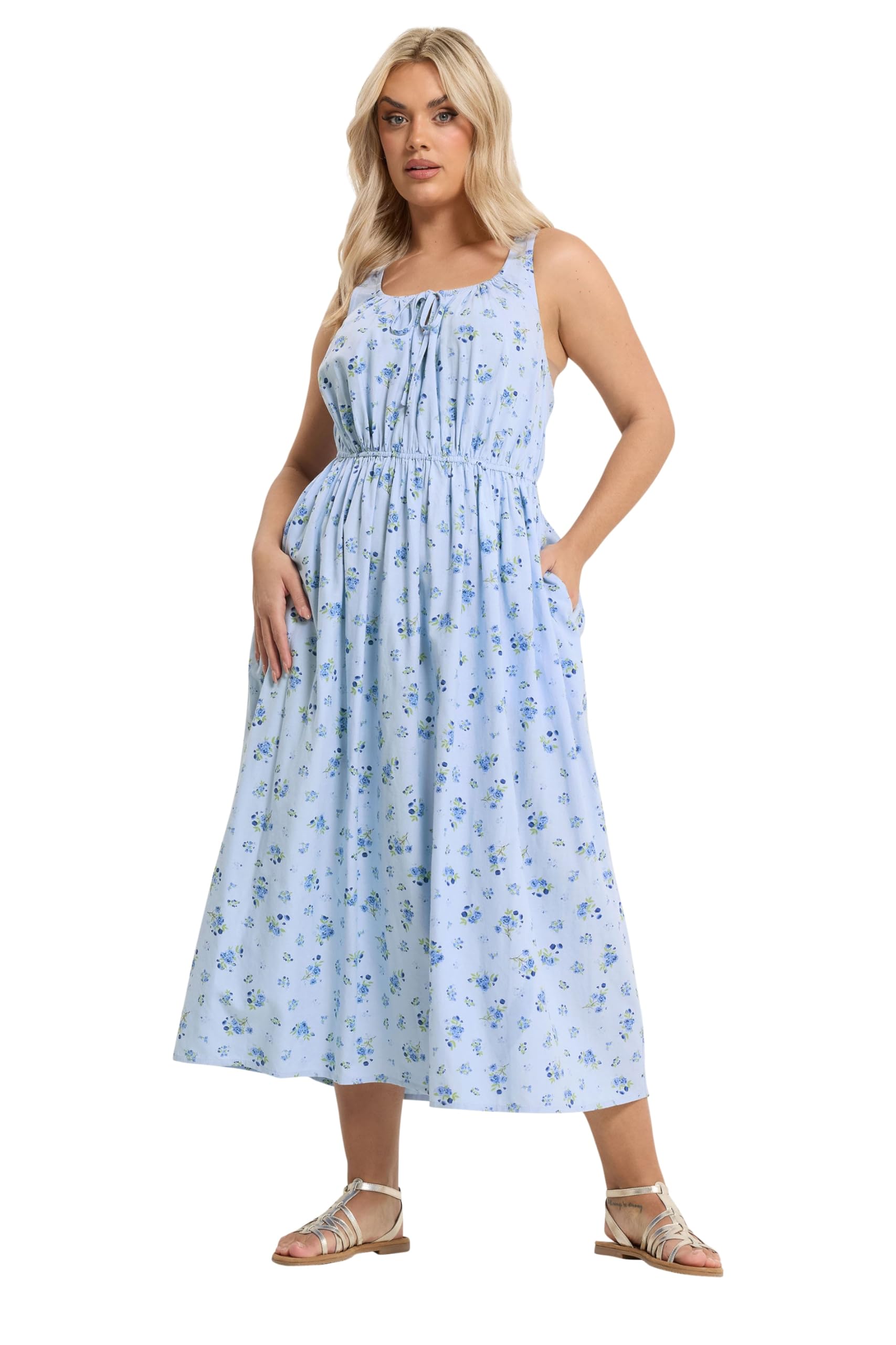 Yours Women's Light Blue Ditsy Floral Linen Milkmaid Dress In | Size: 20