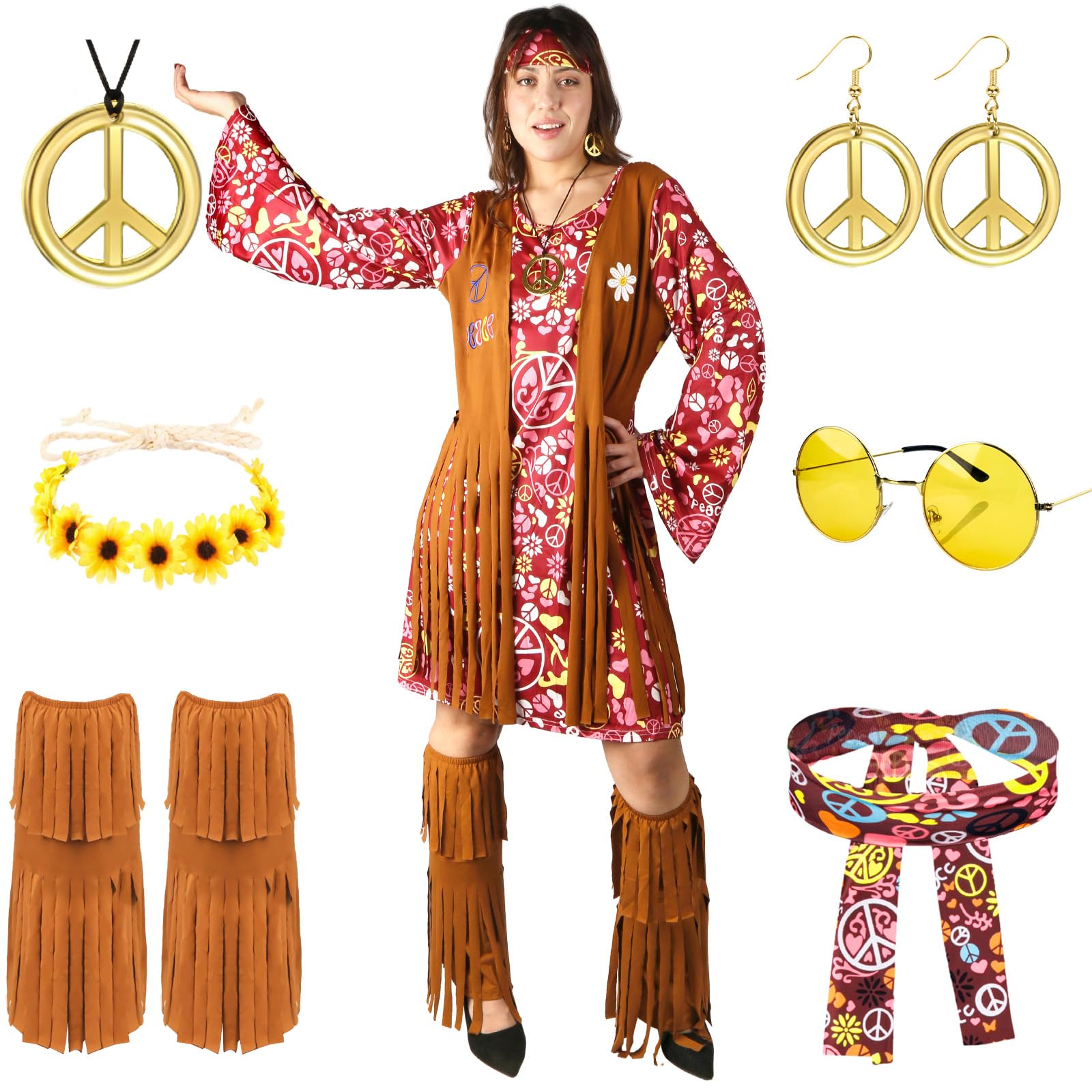 Disfraz Hippie Mujer, Vestido Hippie para Mujer, Ropa de los años 60 y 70 para Mujer con Accesorios Hippies Retro, Vestido de Discoteca de Adecuado para Carnaval, Fiestas de juegos de rol