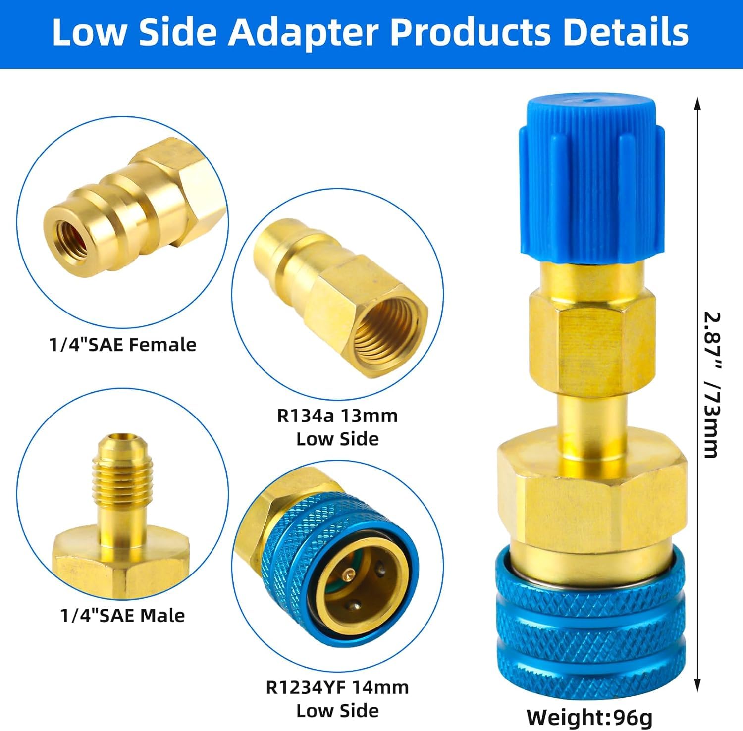 R1234YF vers R134a Adaptateur Kit de raccord rapide R1234yf Ensemble de recharge de réfrigérant Raccord rapide haut bas côté pour évacuation et recharge de tuyauterie de climatisation
