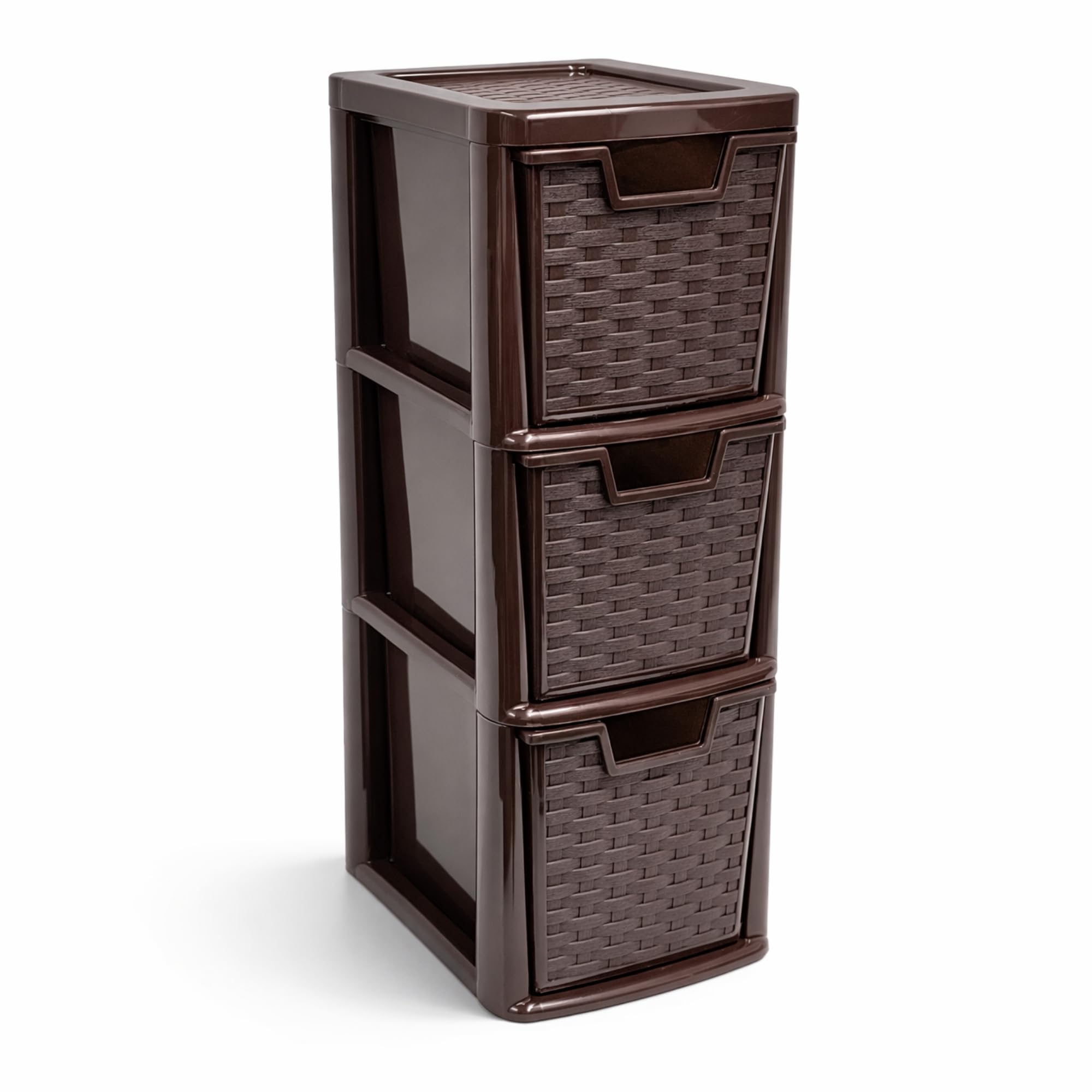 SIDSONS - Medium Rattan Effect Drawer Storage Unit Plastic Tower with Spacious Drawers for Home Office Bedroom Living Room Organisation Durable Stylish Design (Rattan Chocolate Brown, 3 Tier)