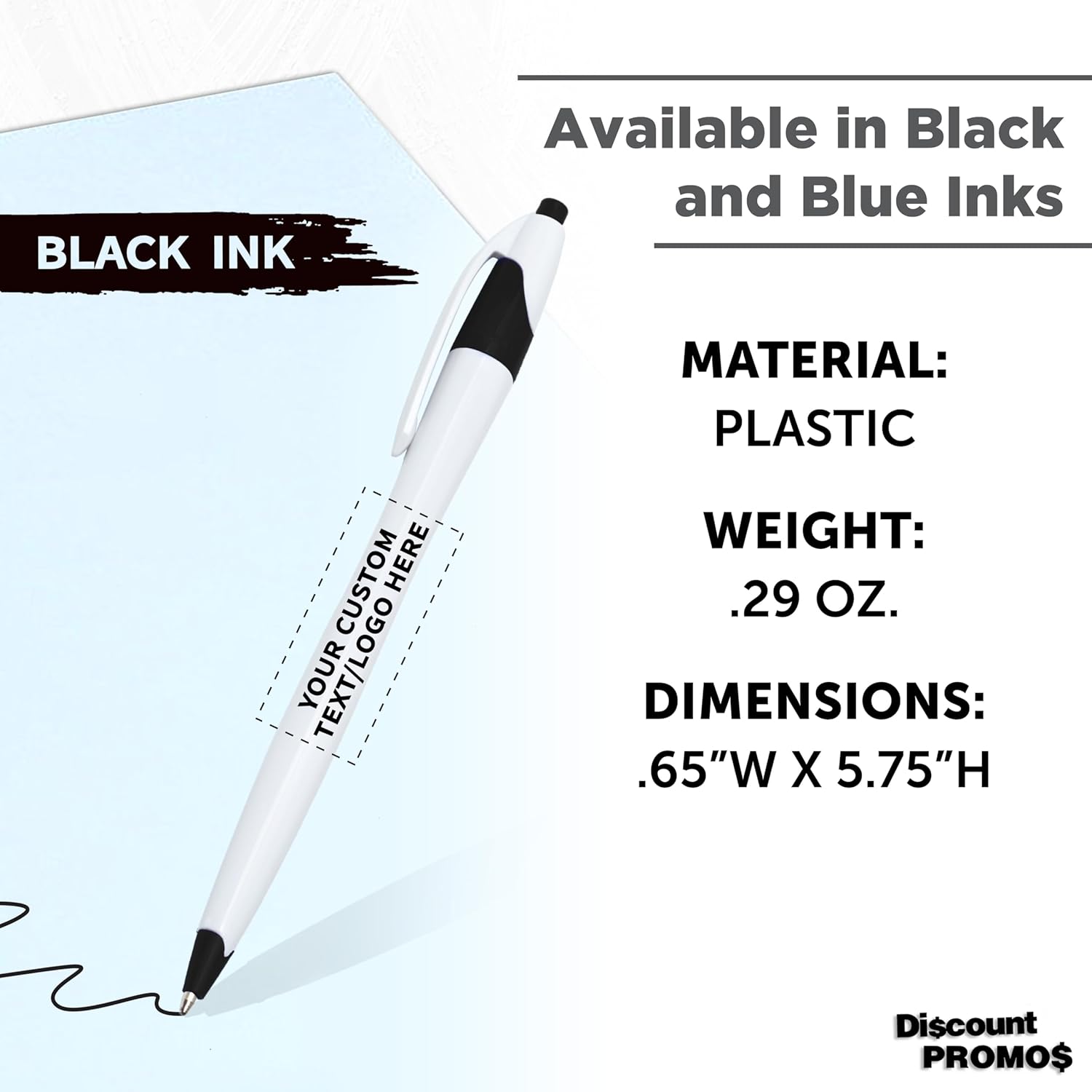 Personalized Ballpoint Pens Set of 10/50/100 by DISCOUNT PROMOS- Black Ink, Slim & Curvy Design, Retractable, Ideal for Office, Corporate Merchandise, Tradeshows- Black