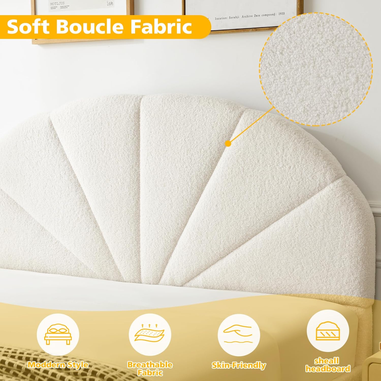 VELOCAVA Full Size Boucle Bed Frame with Seashell Headboard, Upholstered Cloud Platform Bed, Rounded Corners, Wooden Slats Support, No Box Spring Needed, Easy Assembly, Cream White