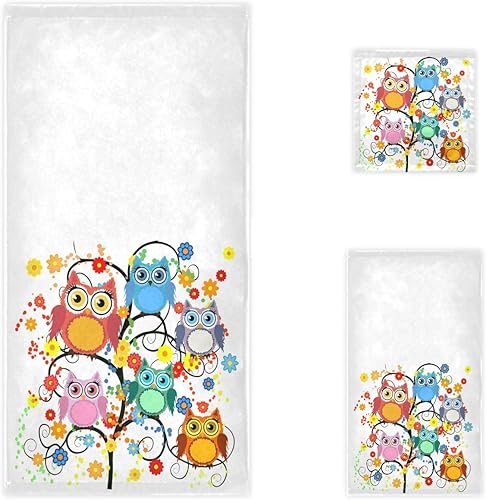 Naanle Juego de 3 toallas suaves con diseño de búhos de dibujos animados, 1 toalla de baño+1 toalla de mano + 1 toallita, multiusos para baño,