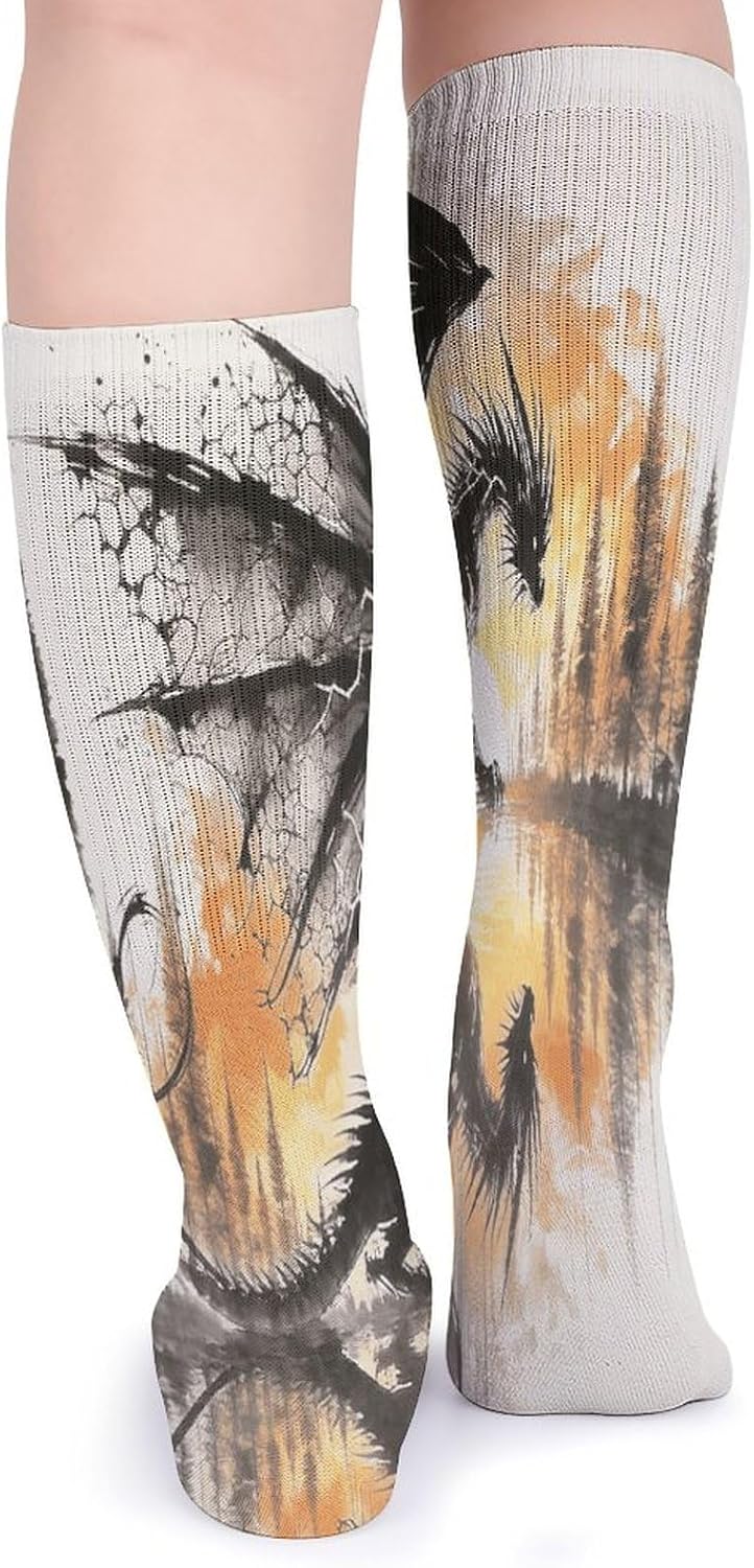 Black Dragon Silhouette Crew Socks Casual Breathable Calf Socks | Cushion Running Athletic Socks Long Performance Breathable Sports Socks for Women Men
